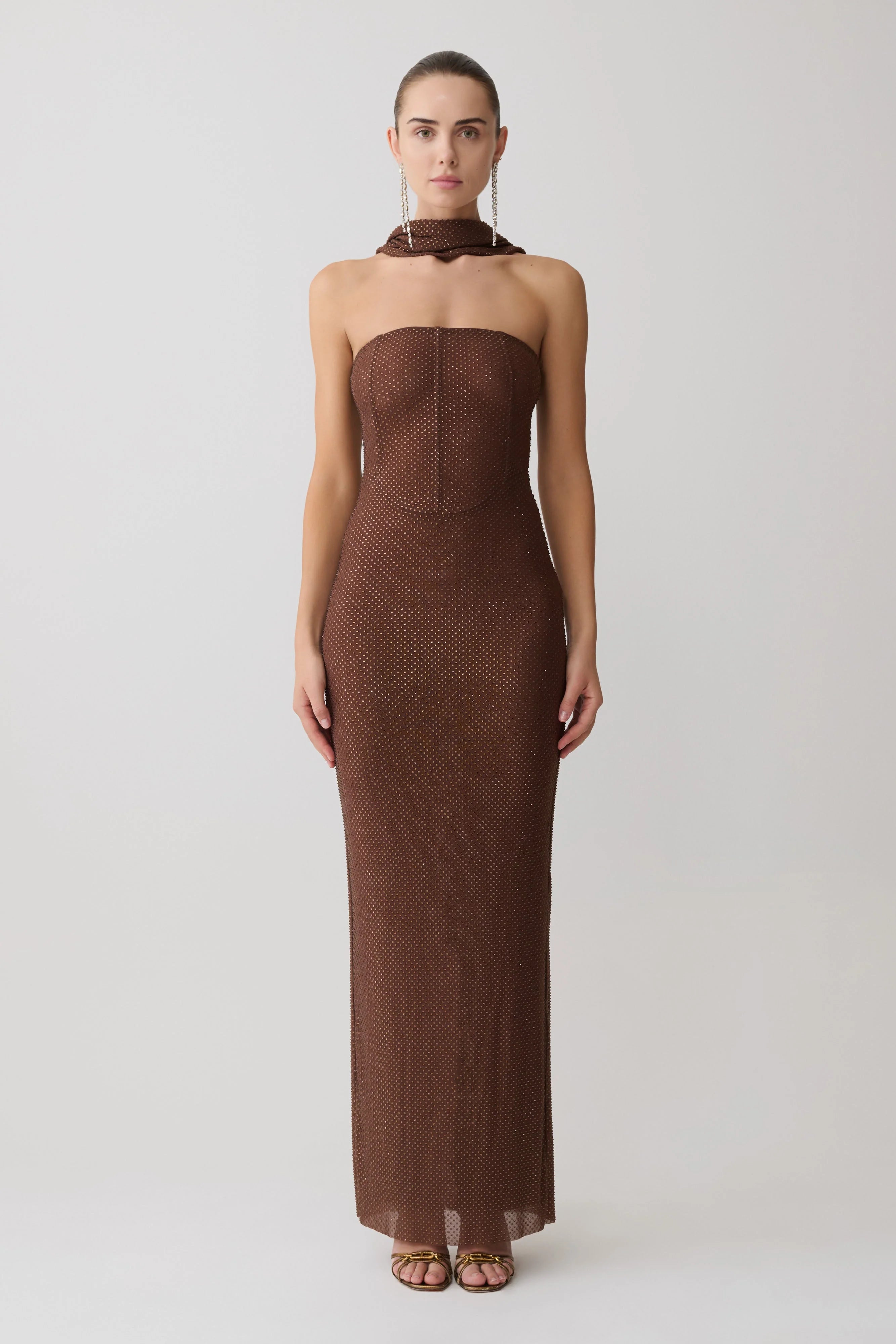 Phi Multi Wear Cowl Diamante Maxi Dress Chocolate
