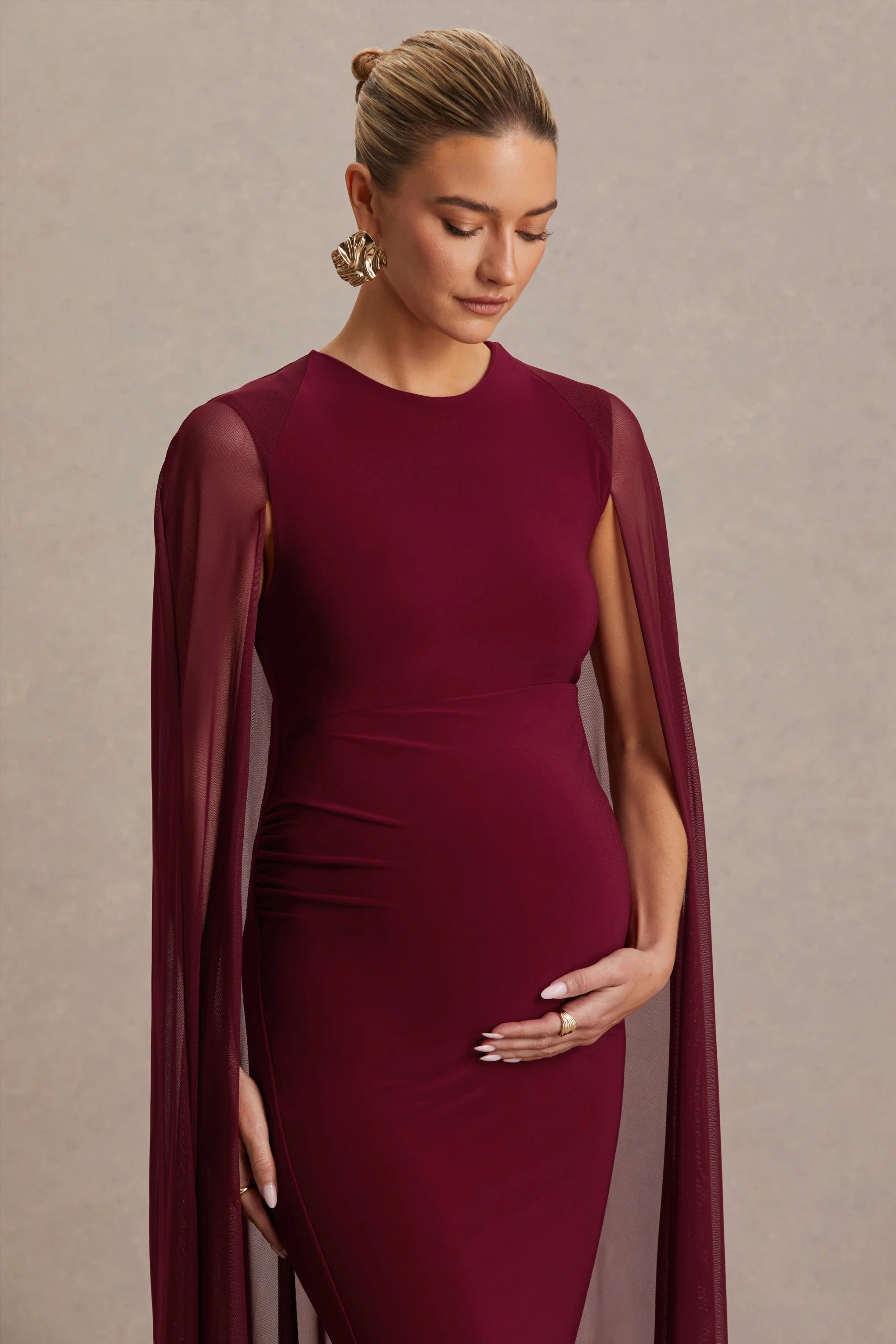 Currant Berry High Neck Maternity Maxi Dress With Cape