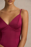 Elara Burgundy Satin Plunge Neck Mini Dress