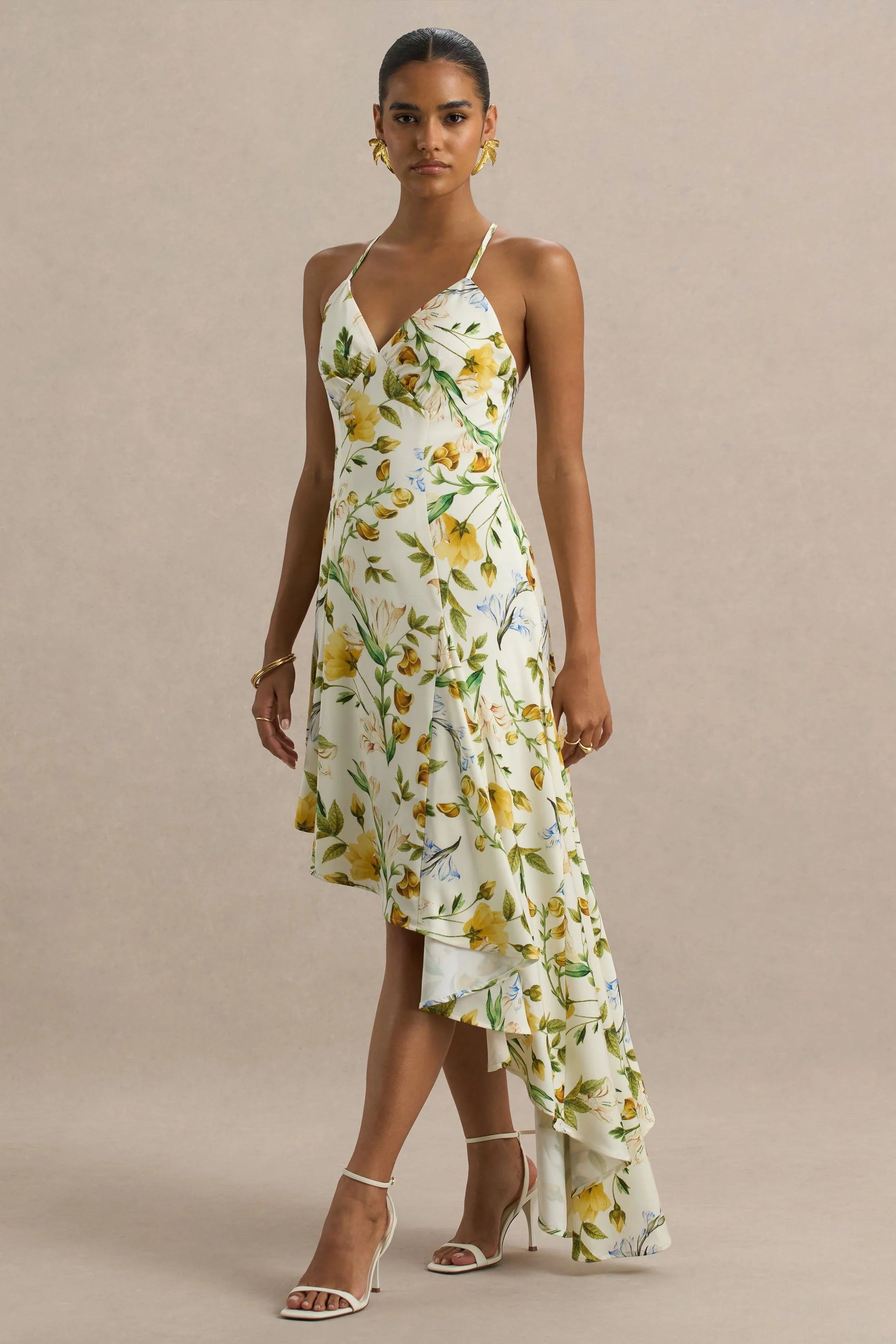 Glint Lemon Floral Print Satin Plunge Neck Maxi Dress With Asymmetric Hem