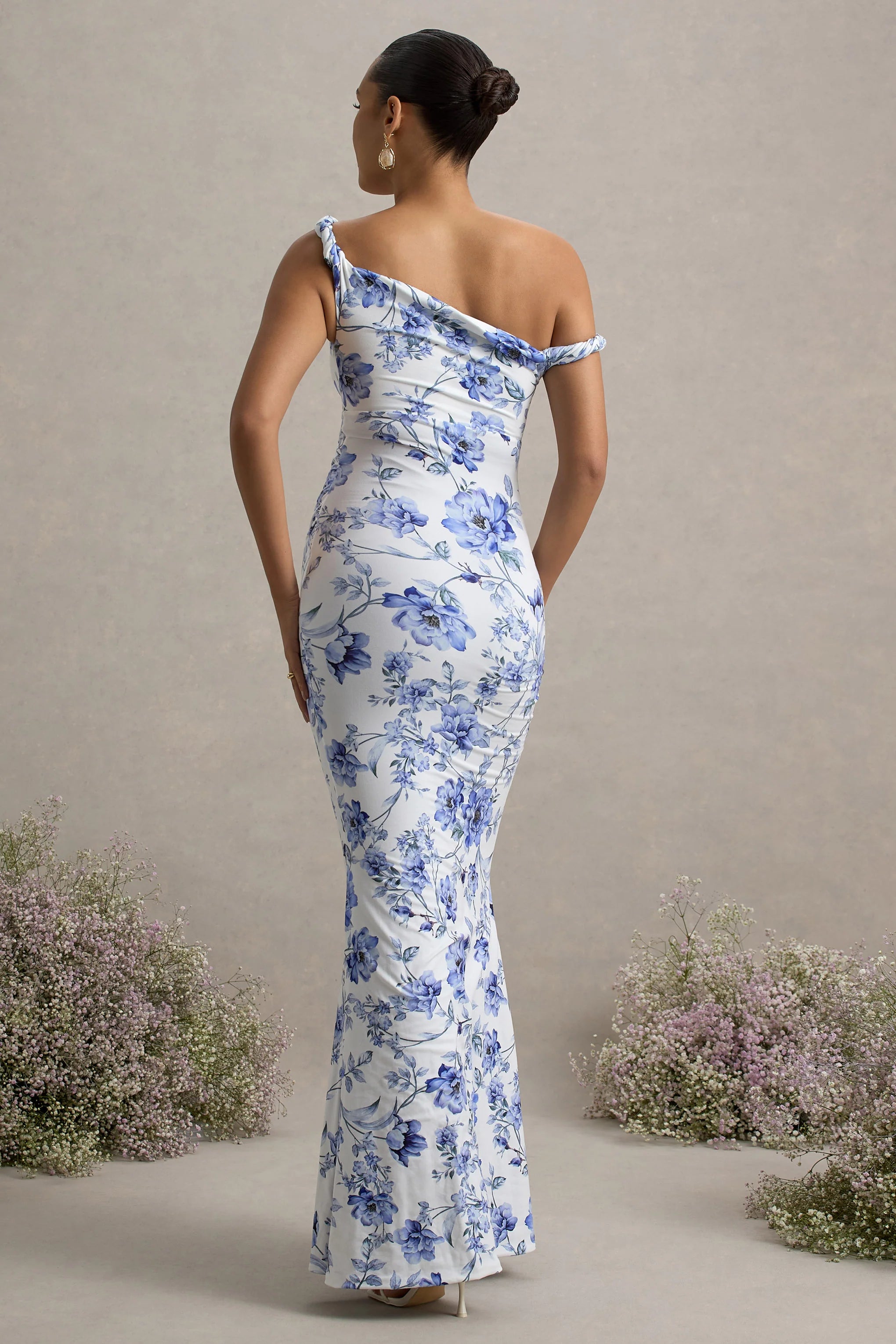 Lita Blue Floral Print Twisted Asymmetric Maternity Maxi Dress