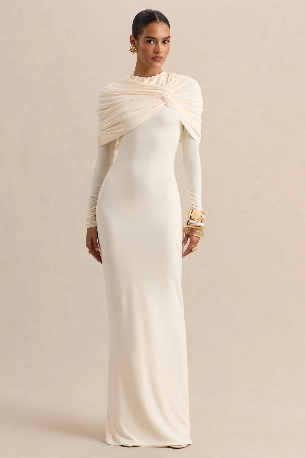 Evessa Cream Crew Neck Maxi Dress With Gathered Detailing
