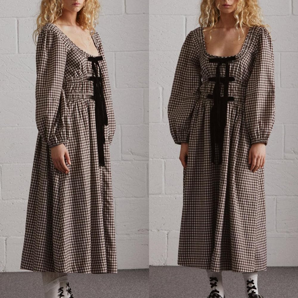 Women Plaid Maxi Dress Long Puff Sleeve Square Neck Flowy Boho Dress Bow Tie Smocked Fall Dresses