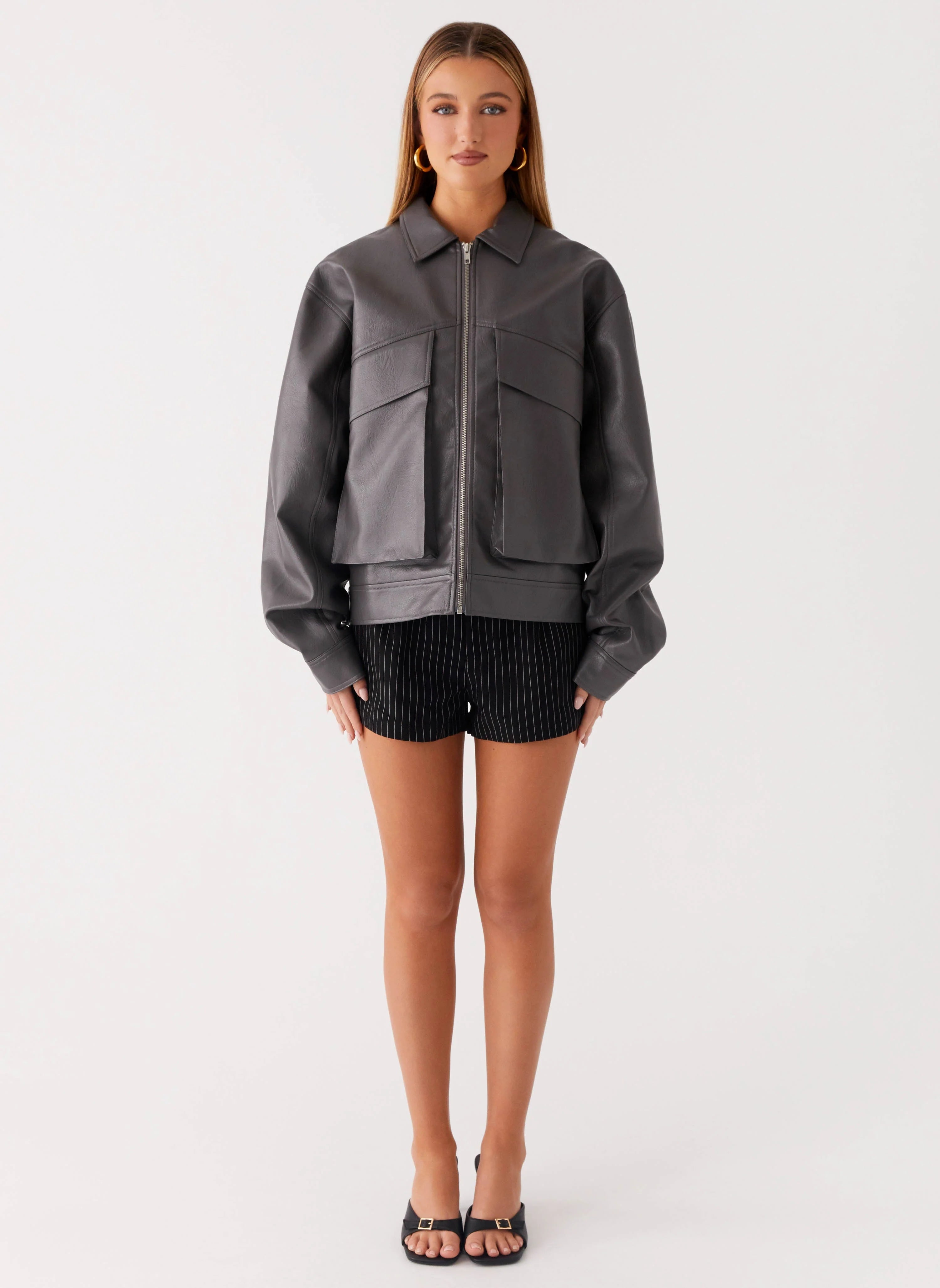 Lula Faux Leather Bomber Jacket Charcoal