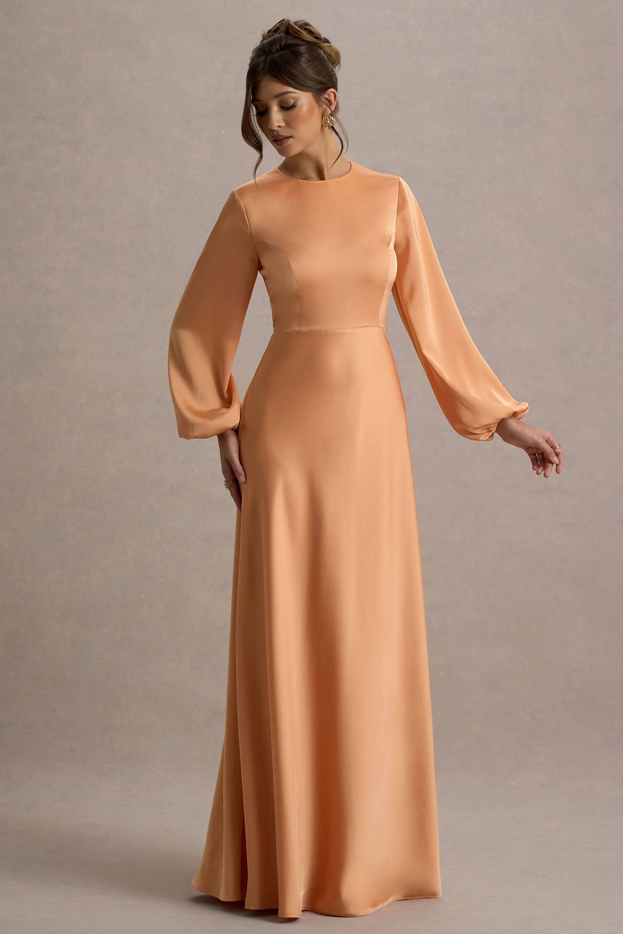 Crawley Peach Satin Puff Sleeve Maxi Dress