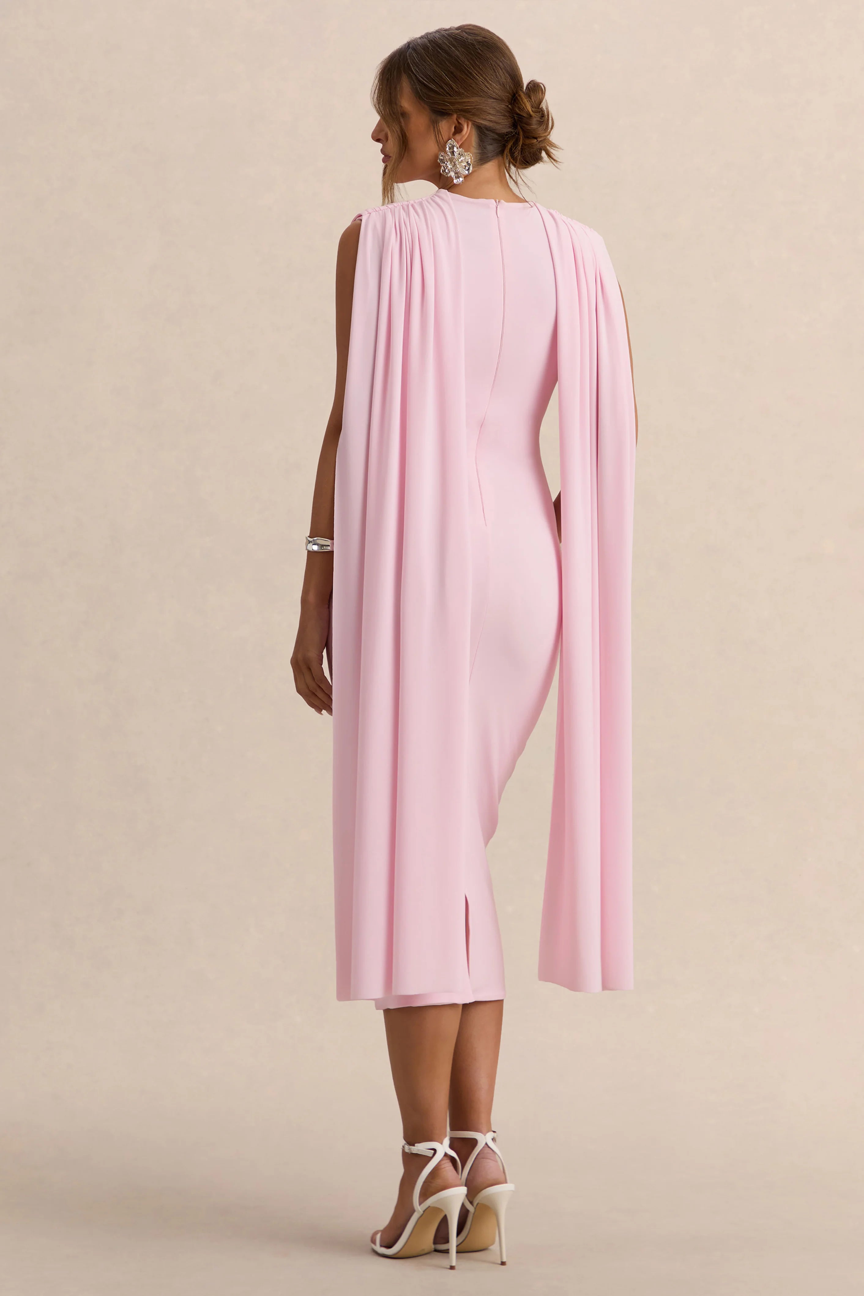 Milaine Light Pink Round Neck Maternity Midi Dress With Cape Sleeves