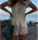 Women Satin Lace Shorts Silky Pajama Lounge Shorts Elastic Waist Chic Sleepwear Bottoms