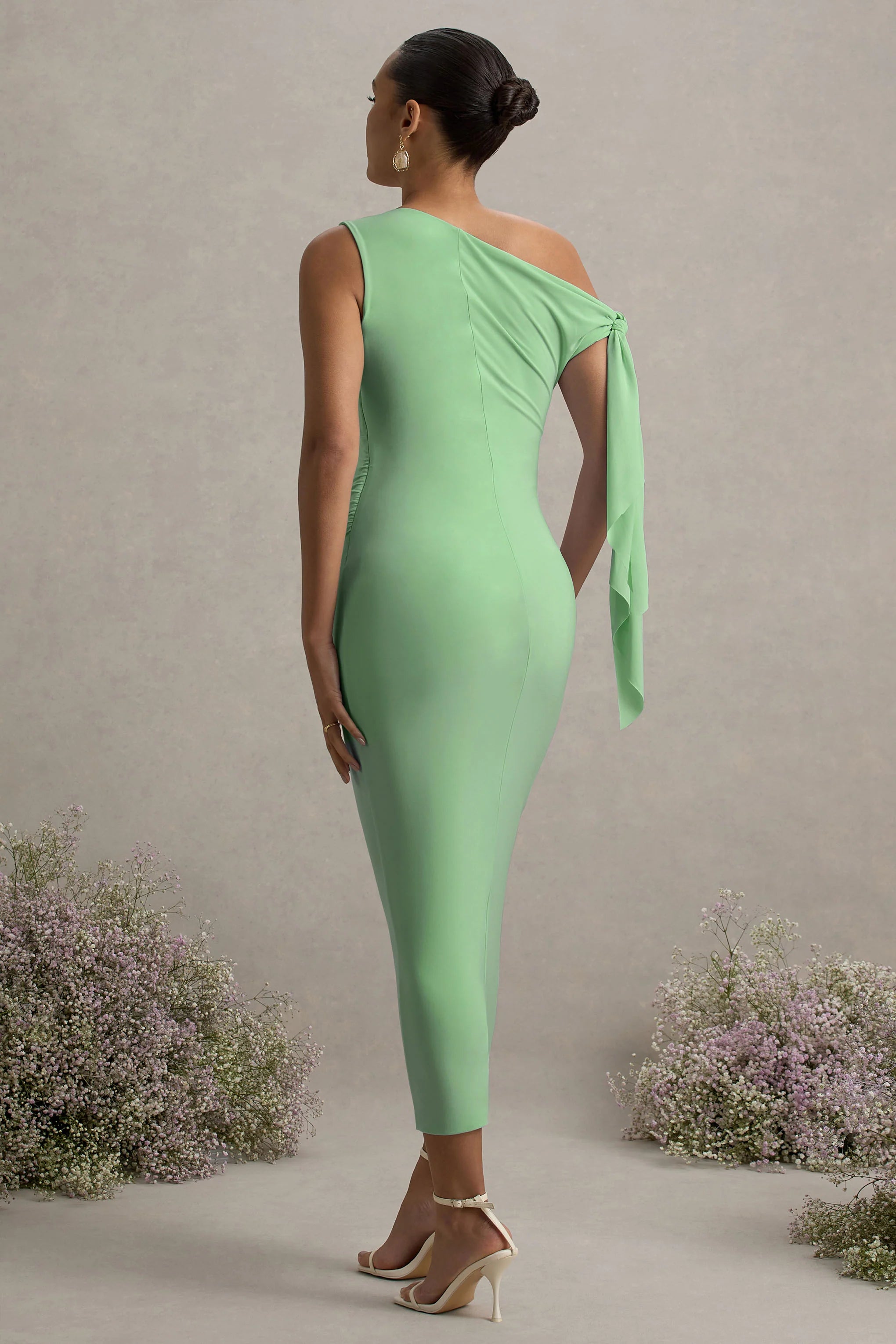 Katarine Light Green Asymmetric Knot Maternity Midi Dress