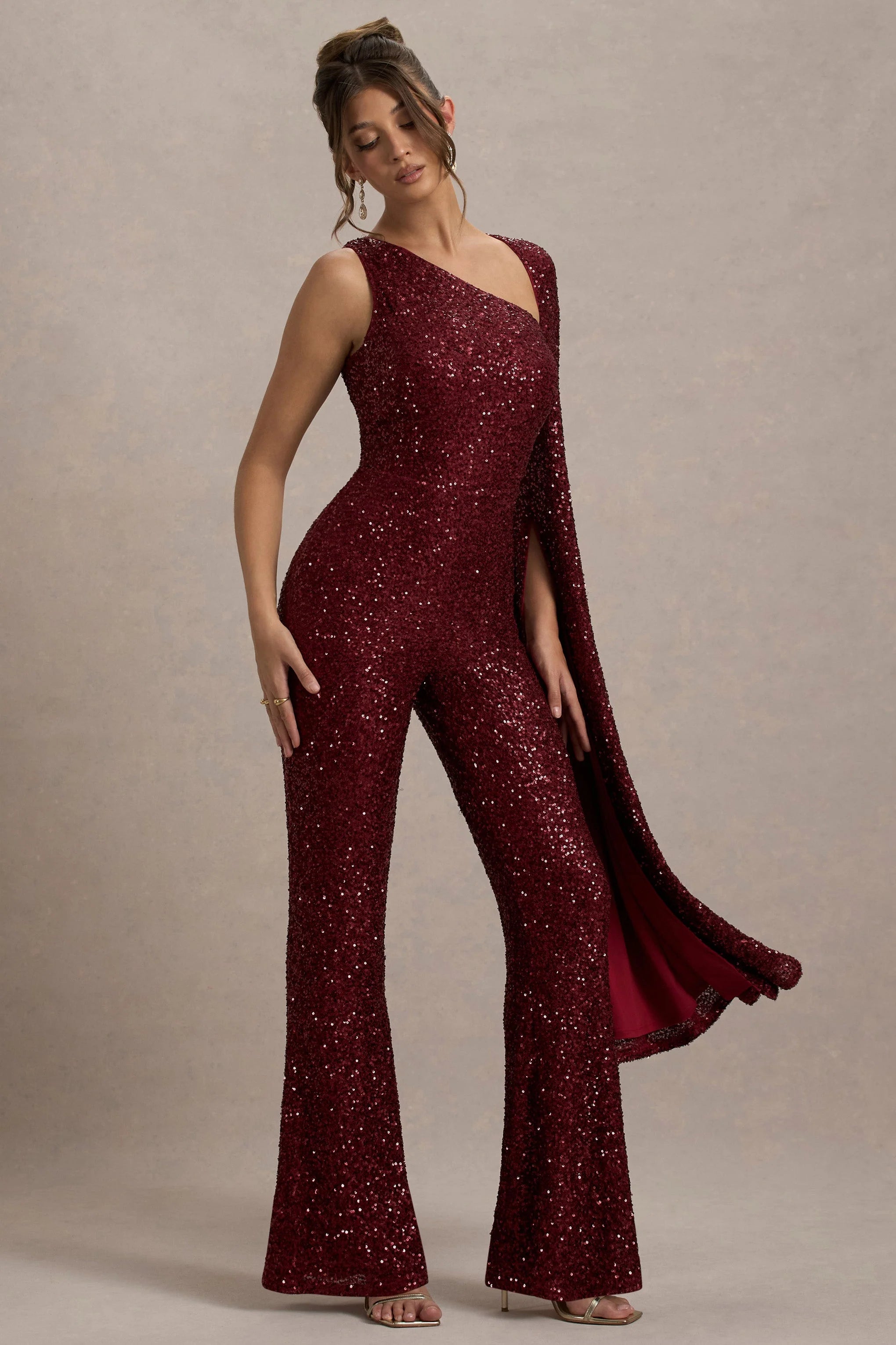 Star Seeker Port Sequin One Shoulder Cape Sleeve Jumpsuit