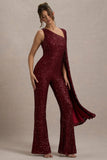 Star Seeker Port Sequin One Shoulder Cape Sleeve Jumpsuit