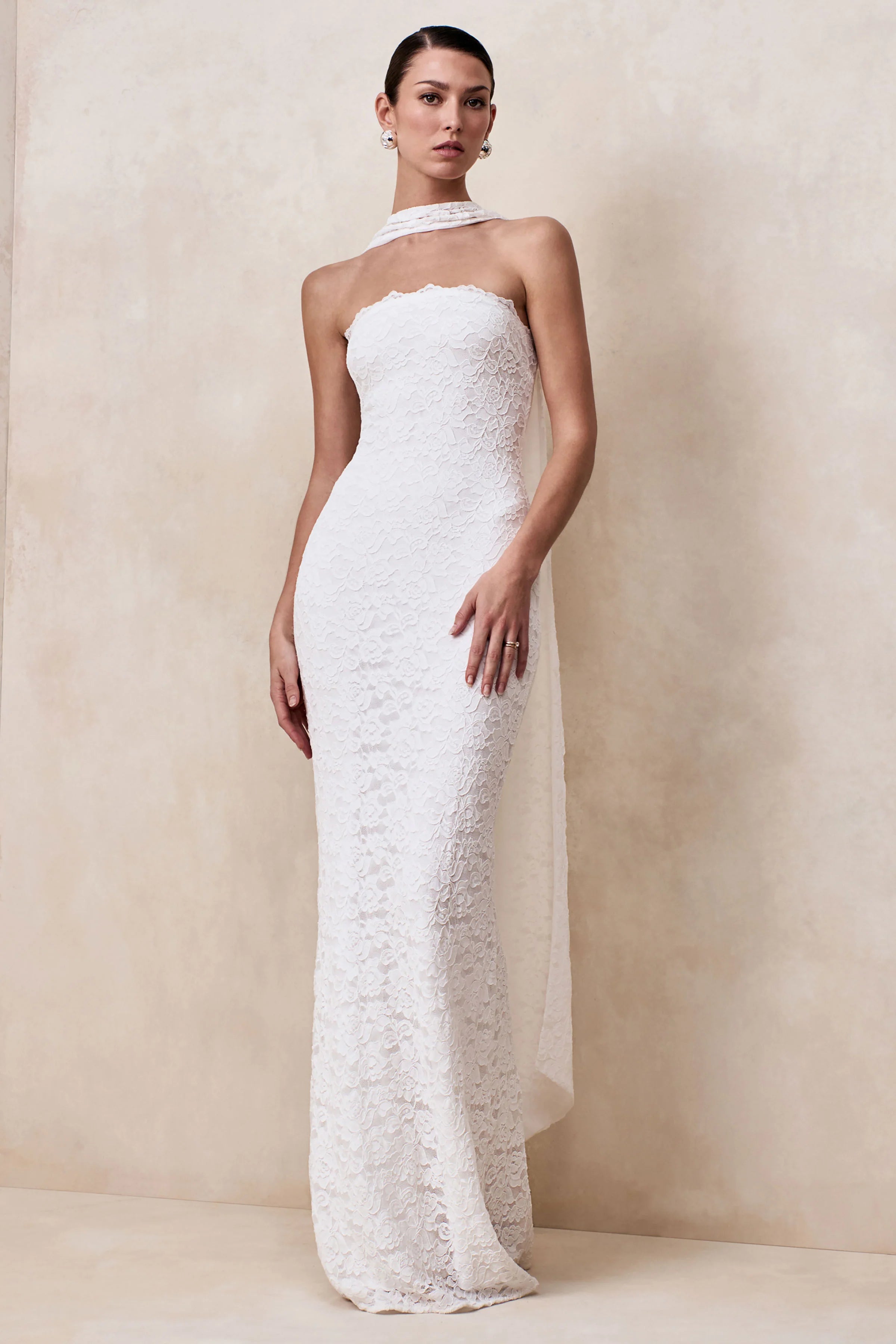Massima White Lace Bandeau Maxi Dress With Scarf Detail