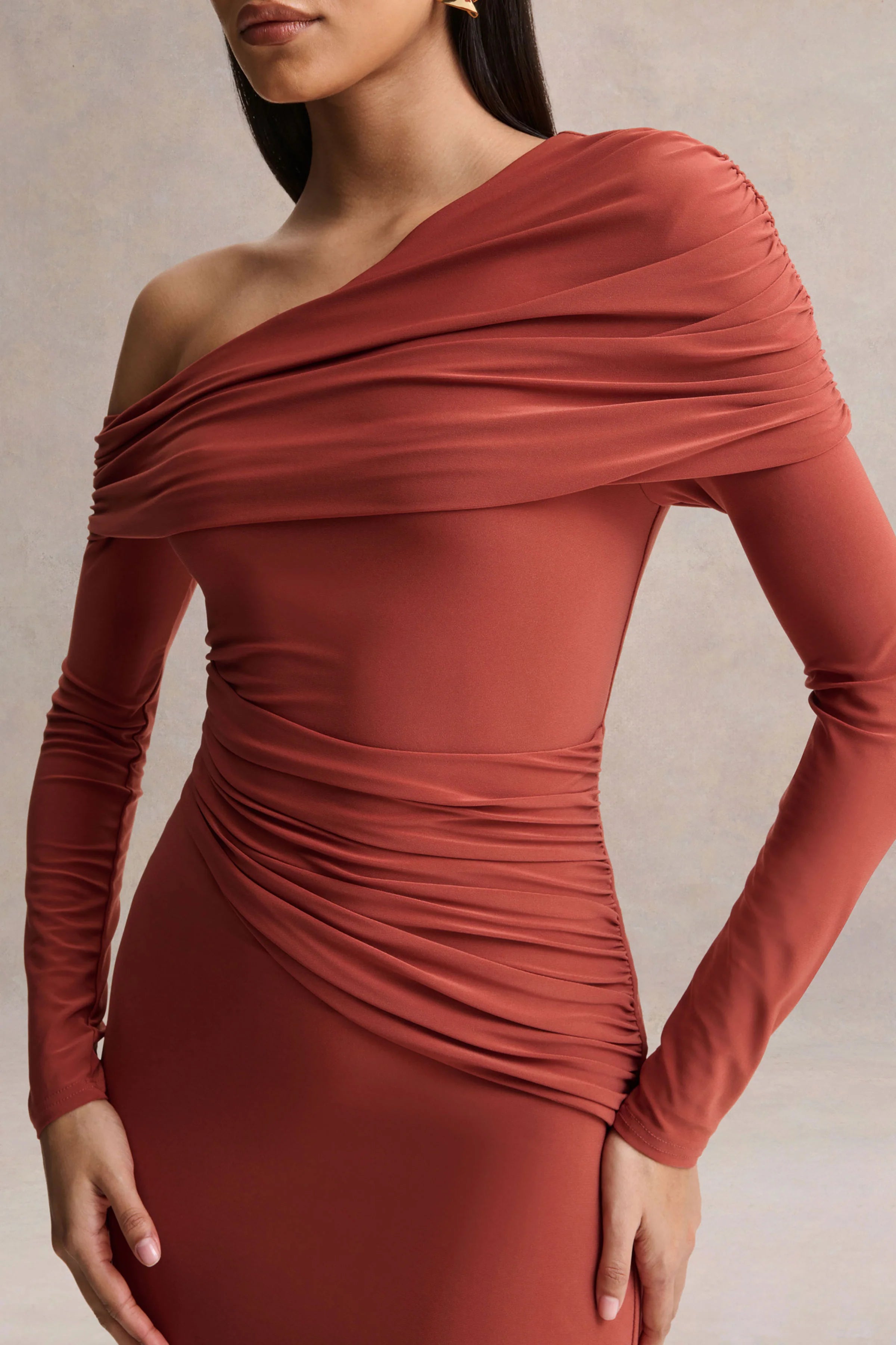 Elliora Rust Asymmetric Neck Midi Dress