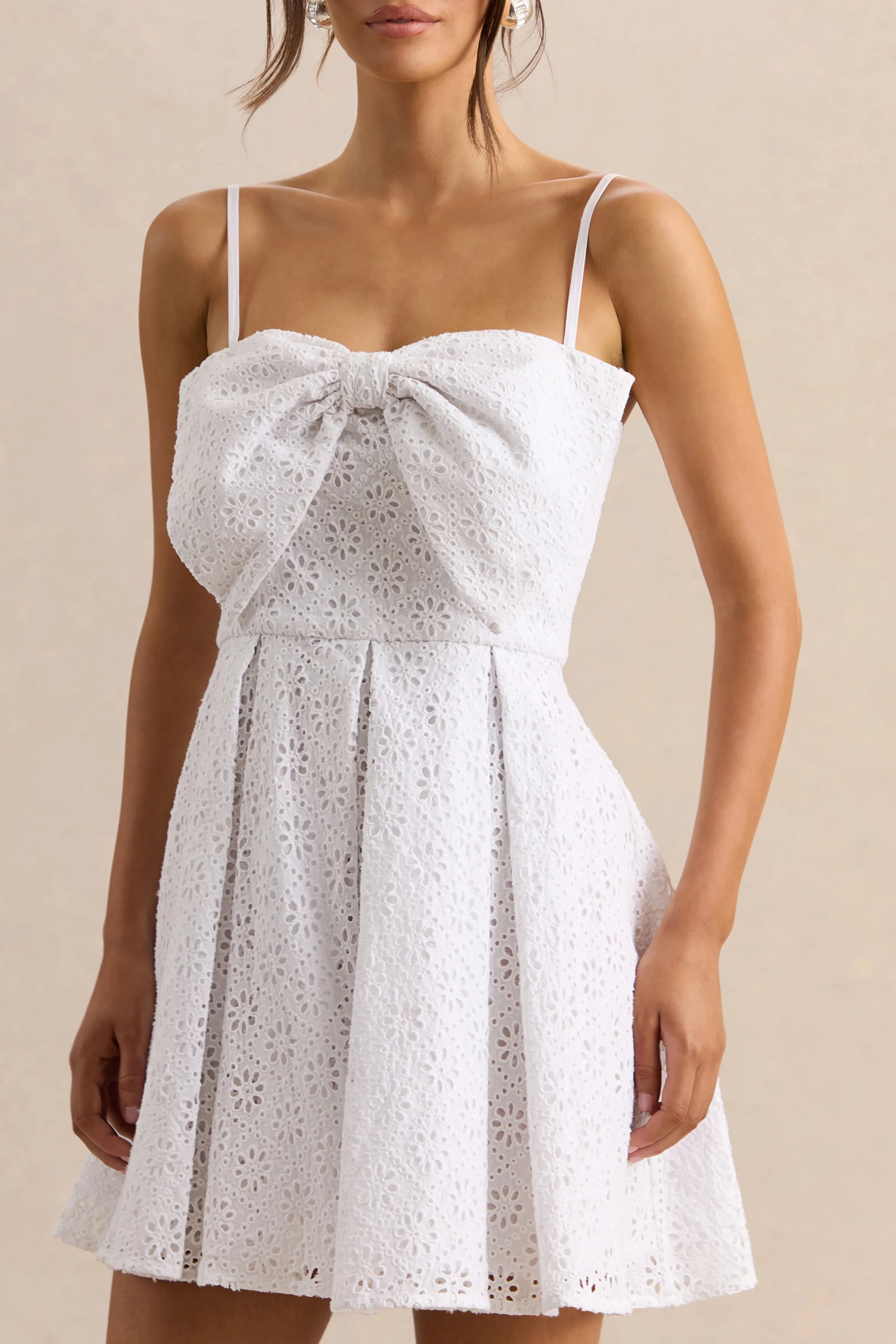 Elina White Square Neck Mini Dress With Bow Detail