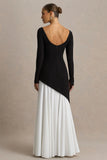 Caty Black And White Long Sleeved Maxi Dress With Asymmetric Drop Waist