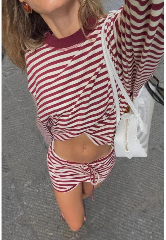 Women Striped Long Sleeve Shirt Crewneck Cropped Pullover Top Fall Winter Vintage Sweatshirt Streetwear