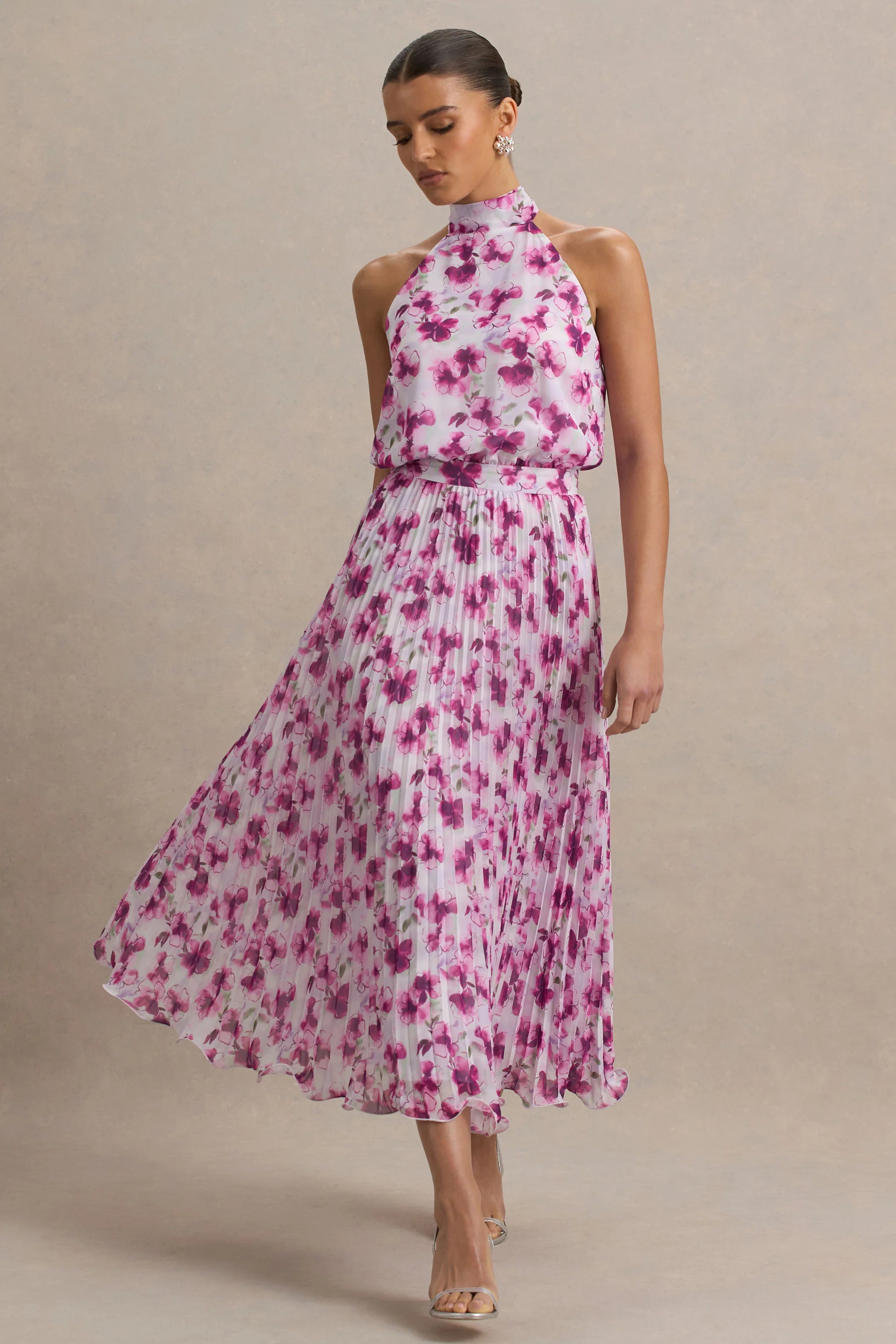 Refractive Purple Floral Print Satin Maxi Dress With Halter Neck and Pleated Skirt
