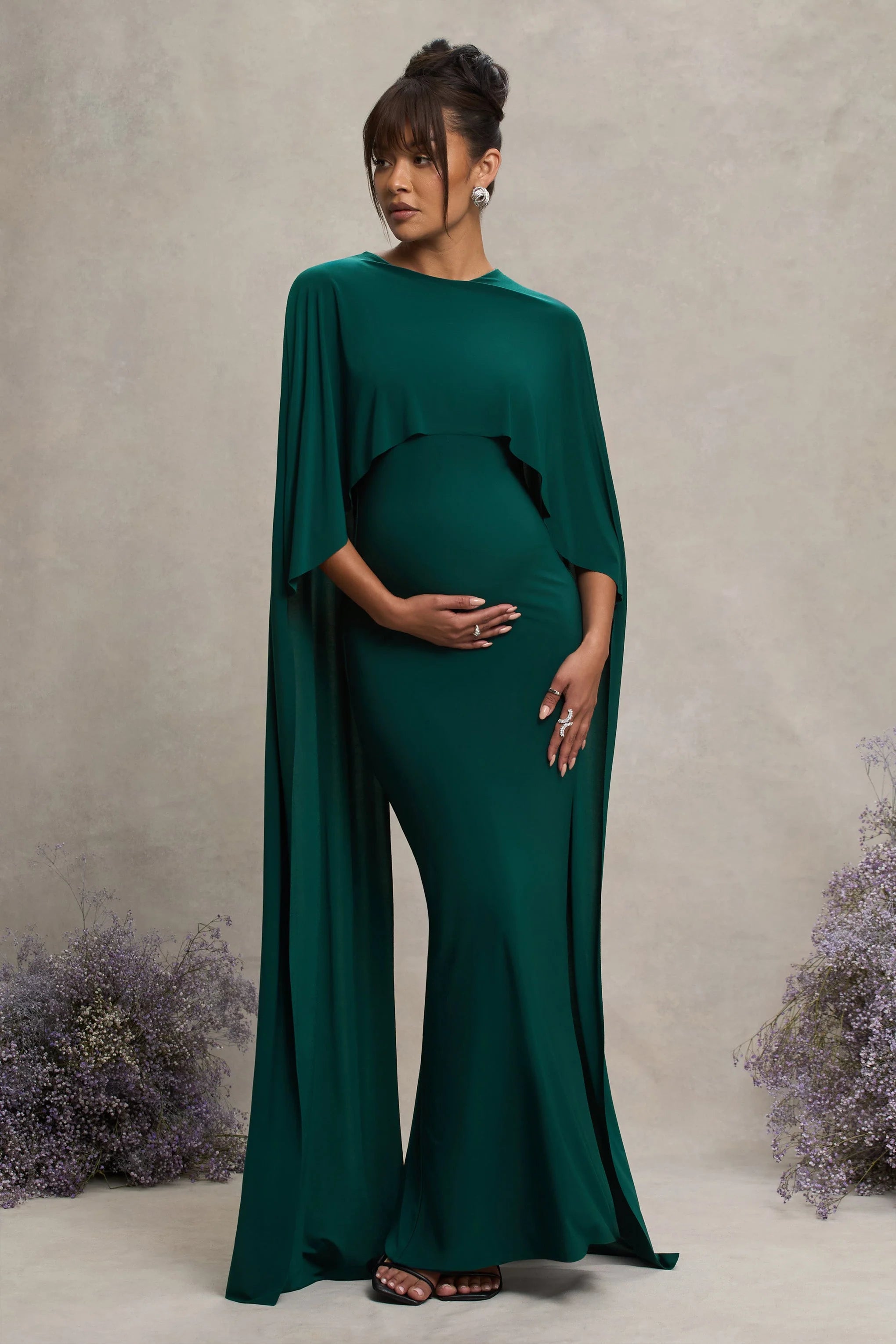 Padma Bottle Green Draped Maternity Maxi Dress With Cape Sleeves