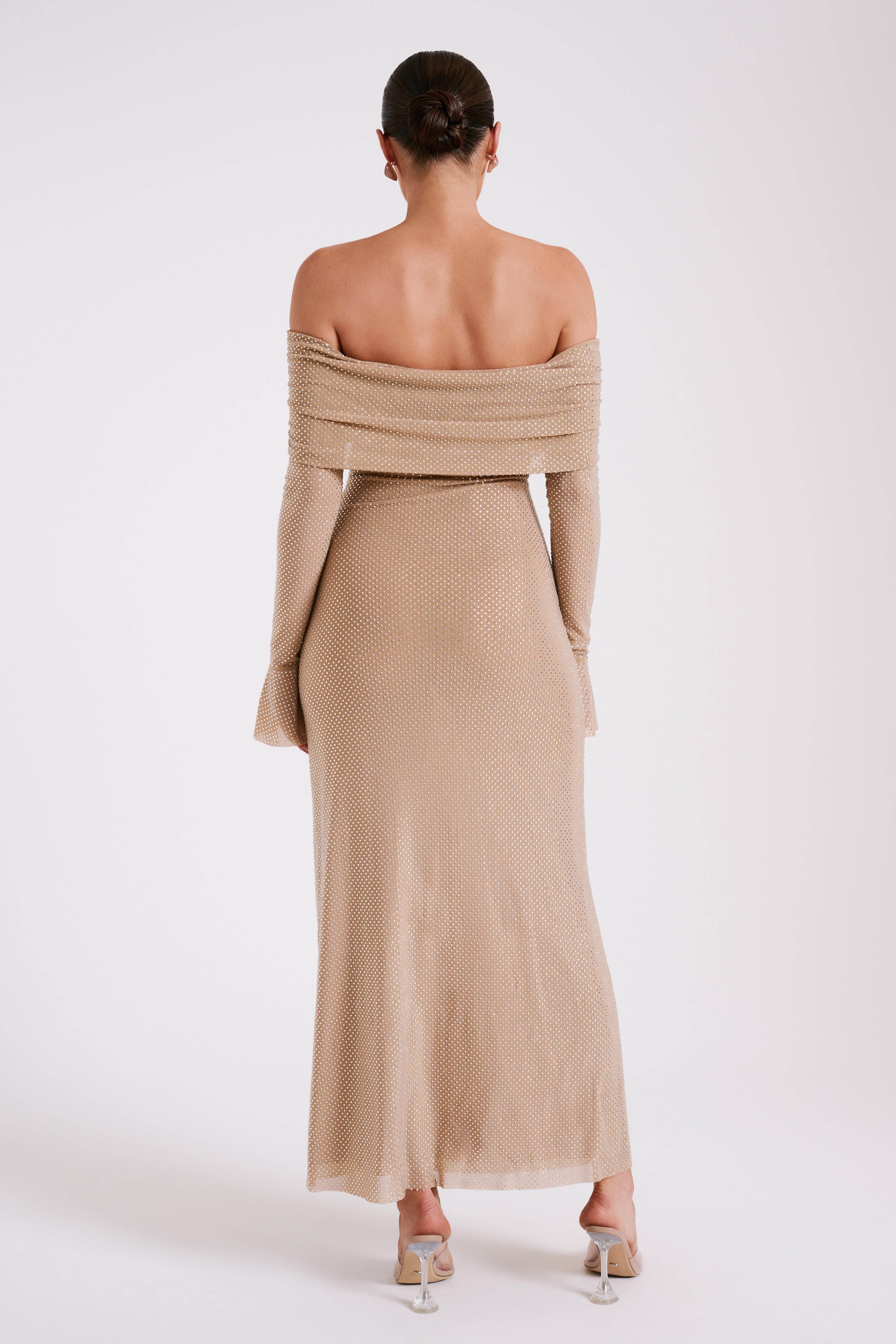 Marcel Off Shoulder Diamante Maxi Dress Nude