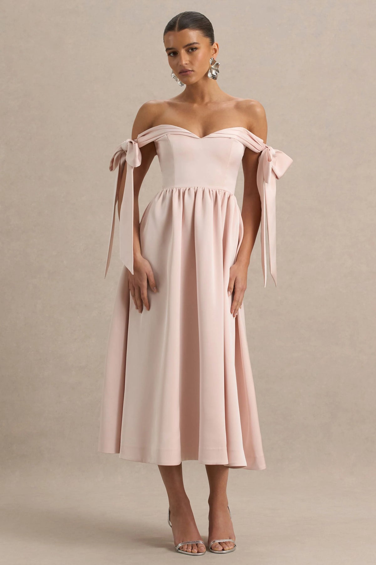 Agafay Rose Pink Satin Short Sleeve Bardot Wrap Midi Dress With Bow Detail