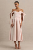 Agafay Rose Pink Satin Short Sleeve Bardot Wrap Midi Dress With Bow Detail