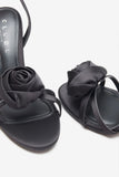 Sweet Step Black Satin Strappy Heeled Sandals With Flowers