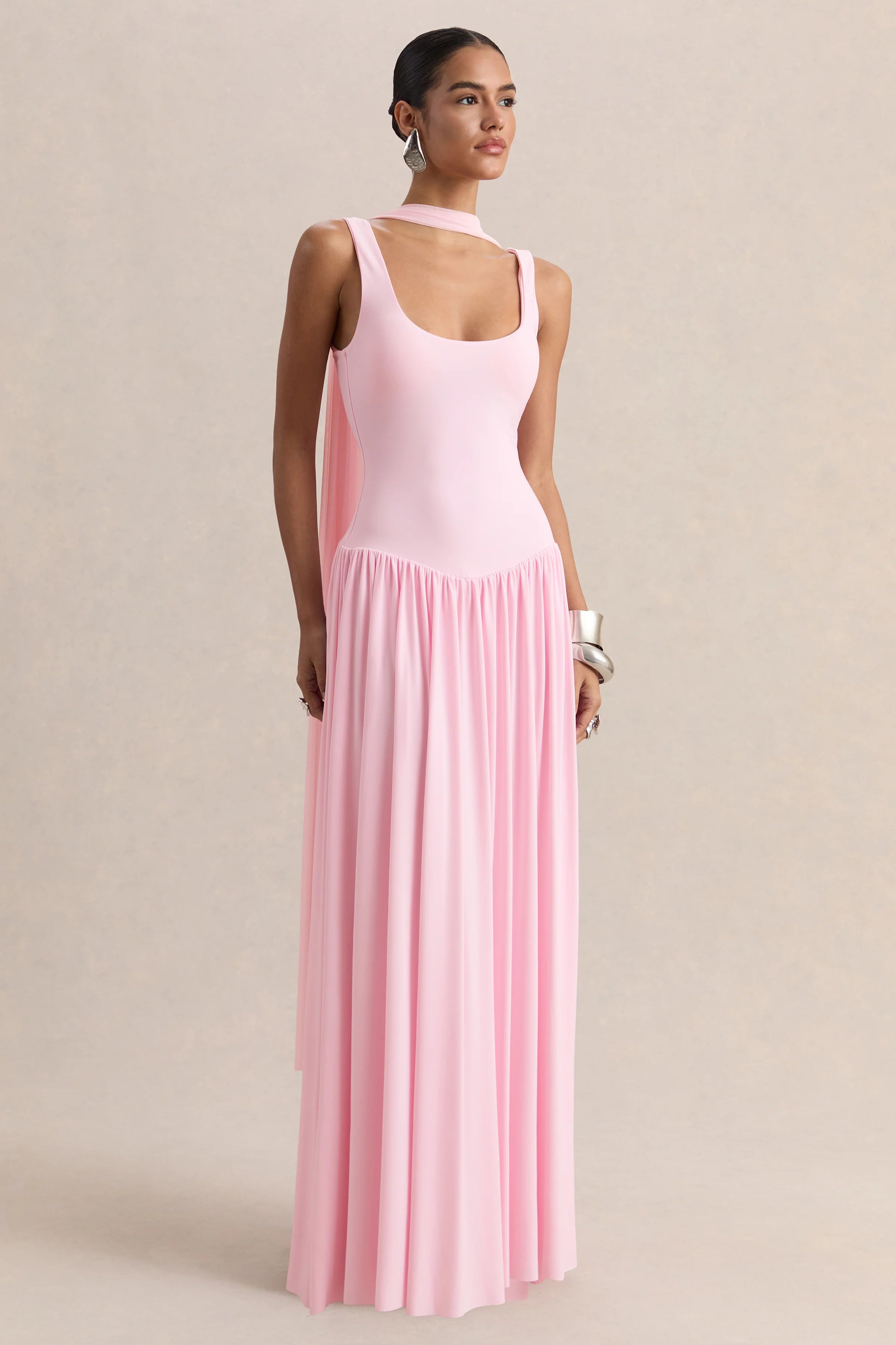 Aurina Pink Square Neck Maxi Dress With Scarf Detail