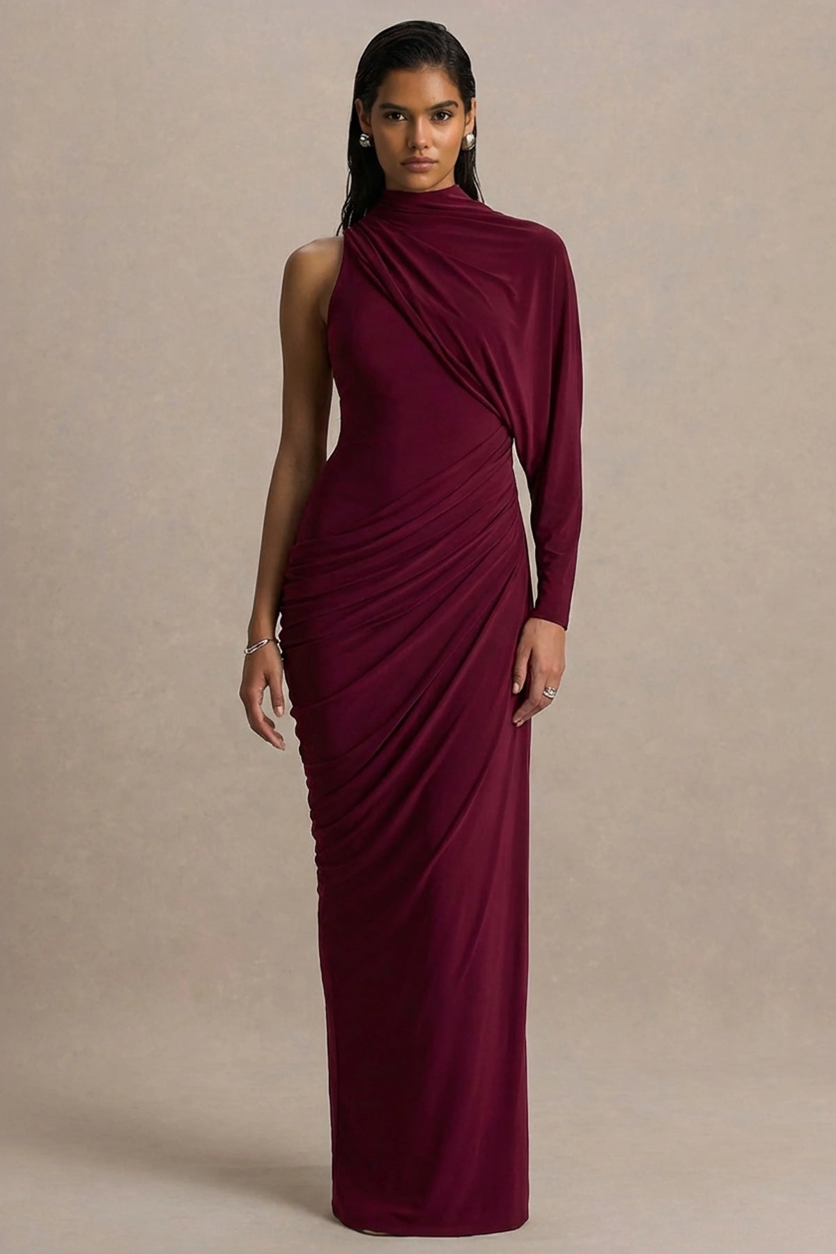 Aphra Burgundy High Neck Maxi Dress With Cape Sleeve