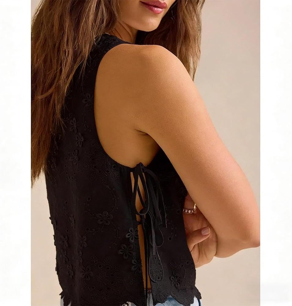 Women Eyelet Embroidered Tank Top Sleeveless Side Tie Summer Going Out Crop Top