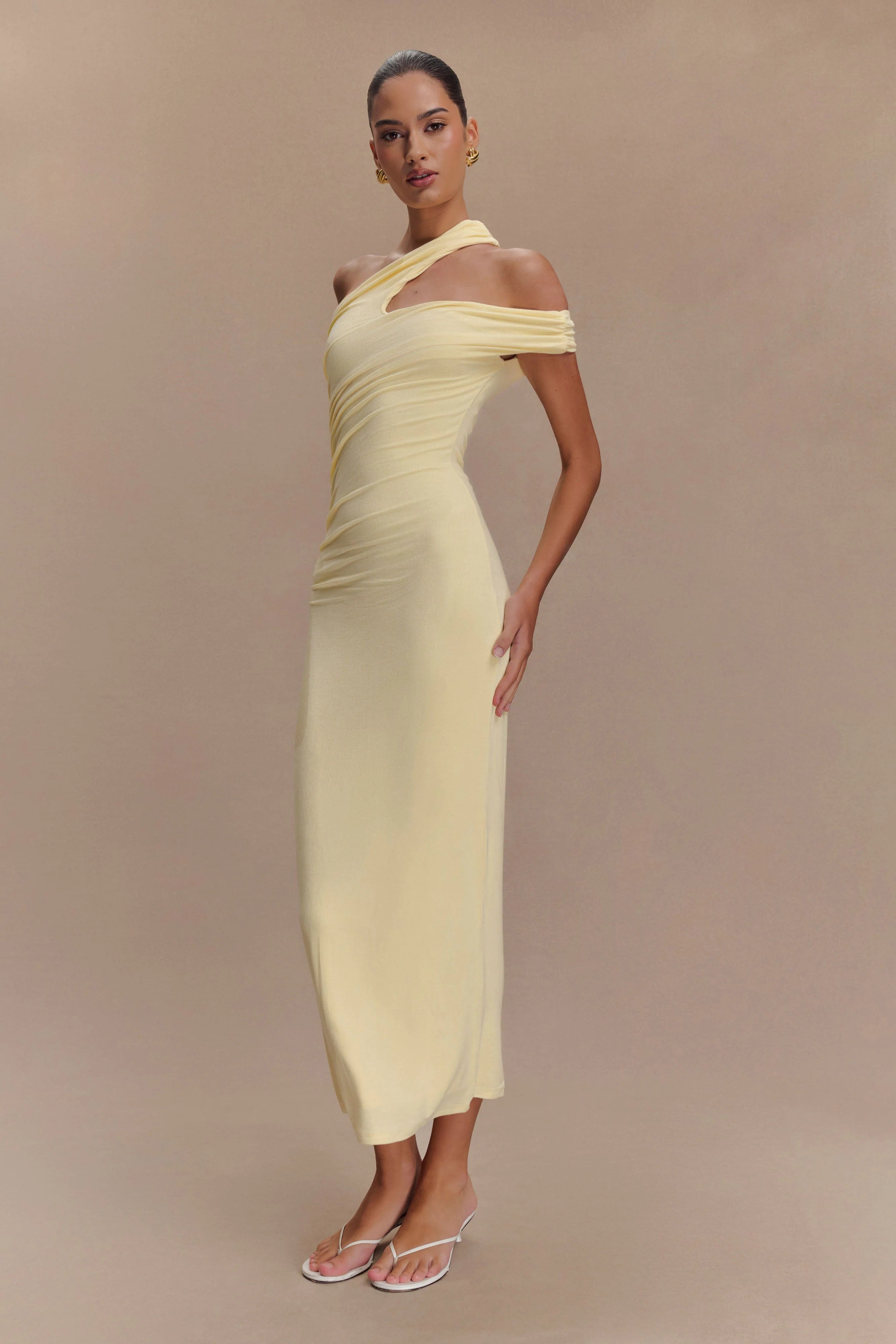 Anastasia One Shoulder Modal Midi Dress Pale Lemon