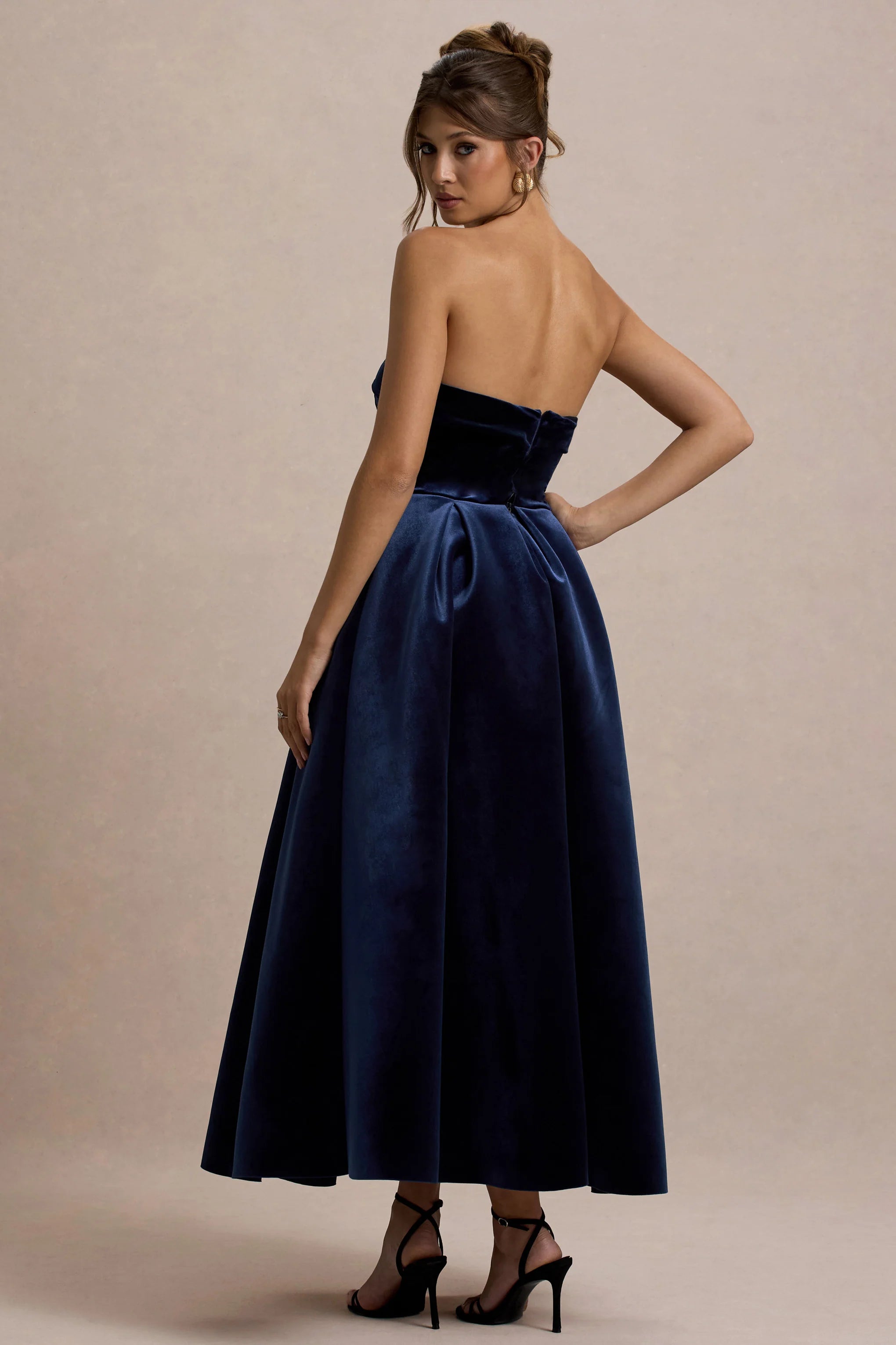 Addina Navy Velvet Bandeau Skater Midi Dress