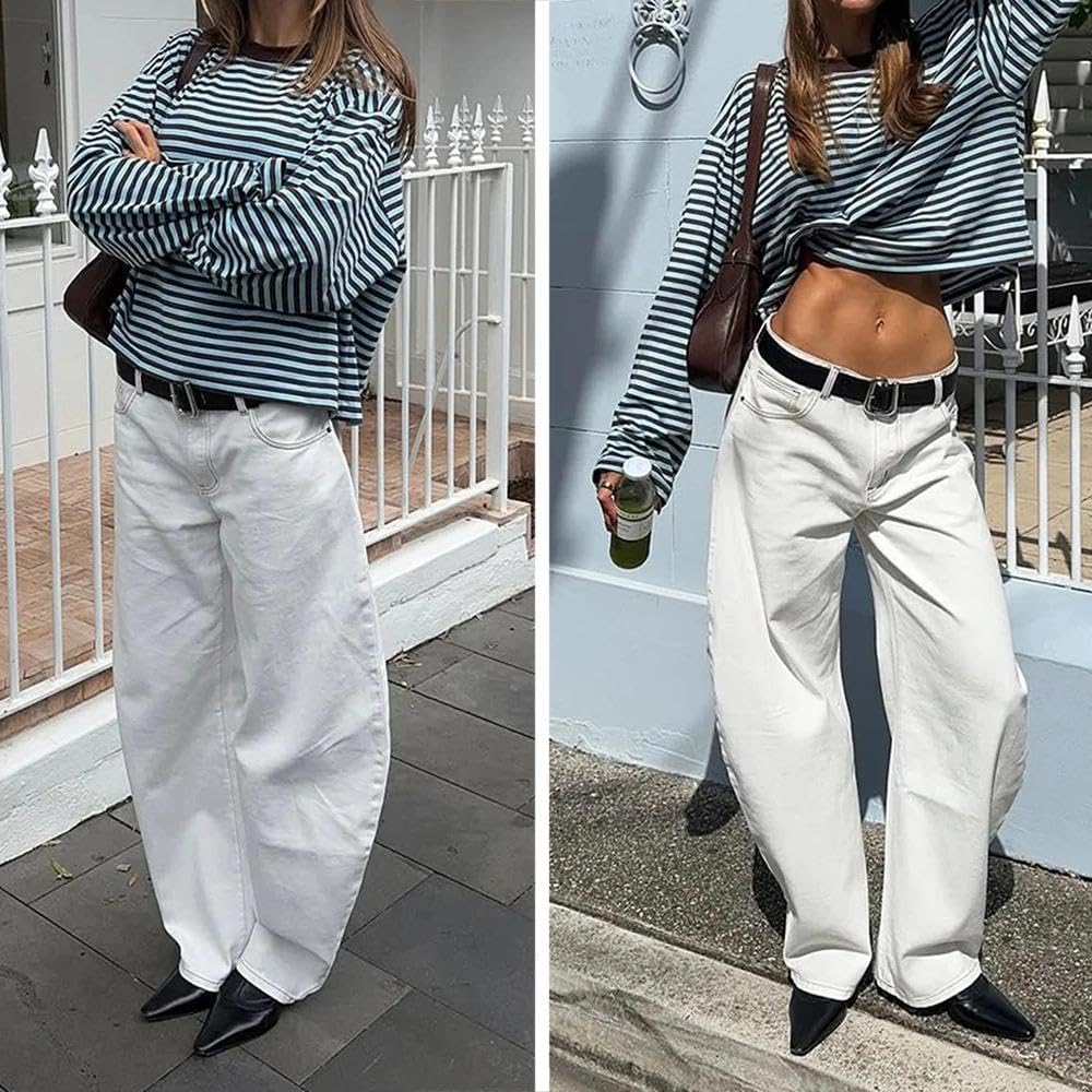 Women Striped Long Sleeve Shirt Crewneck Cropped Pullover Top Fall Winter Vintage Sweatshirt Streetwear