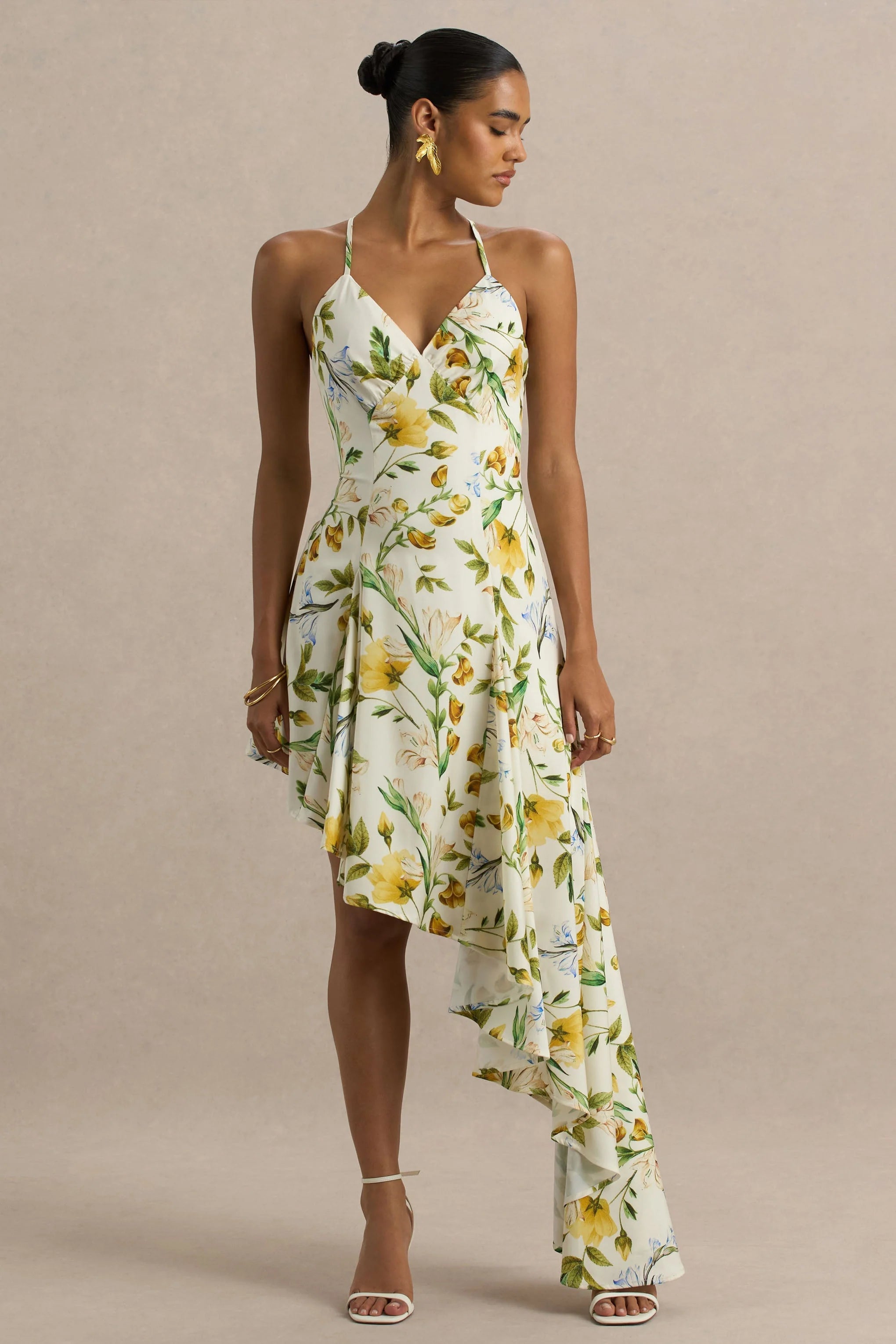 Glint Lemon Floral Print Satin Plunge Neck Maxi Dress With Asymmetric Hem