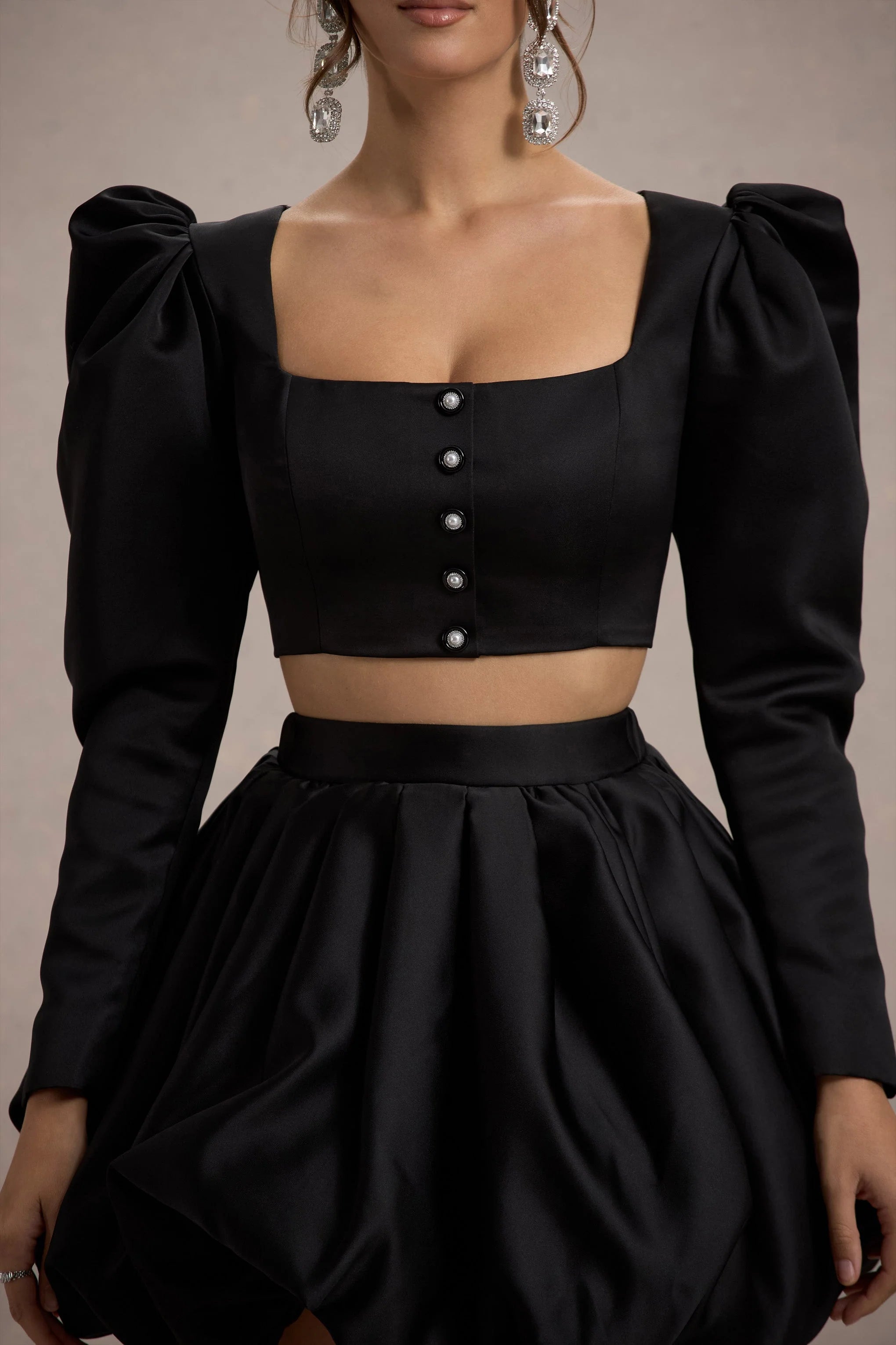 Eloisa Black Satin Puff Sleeve Cropped Jacket