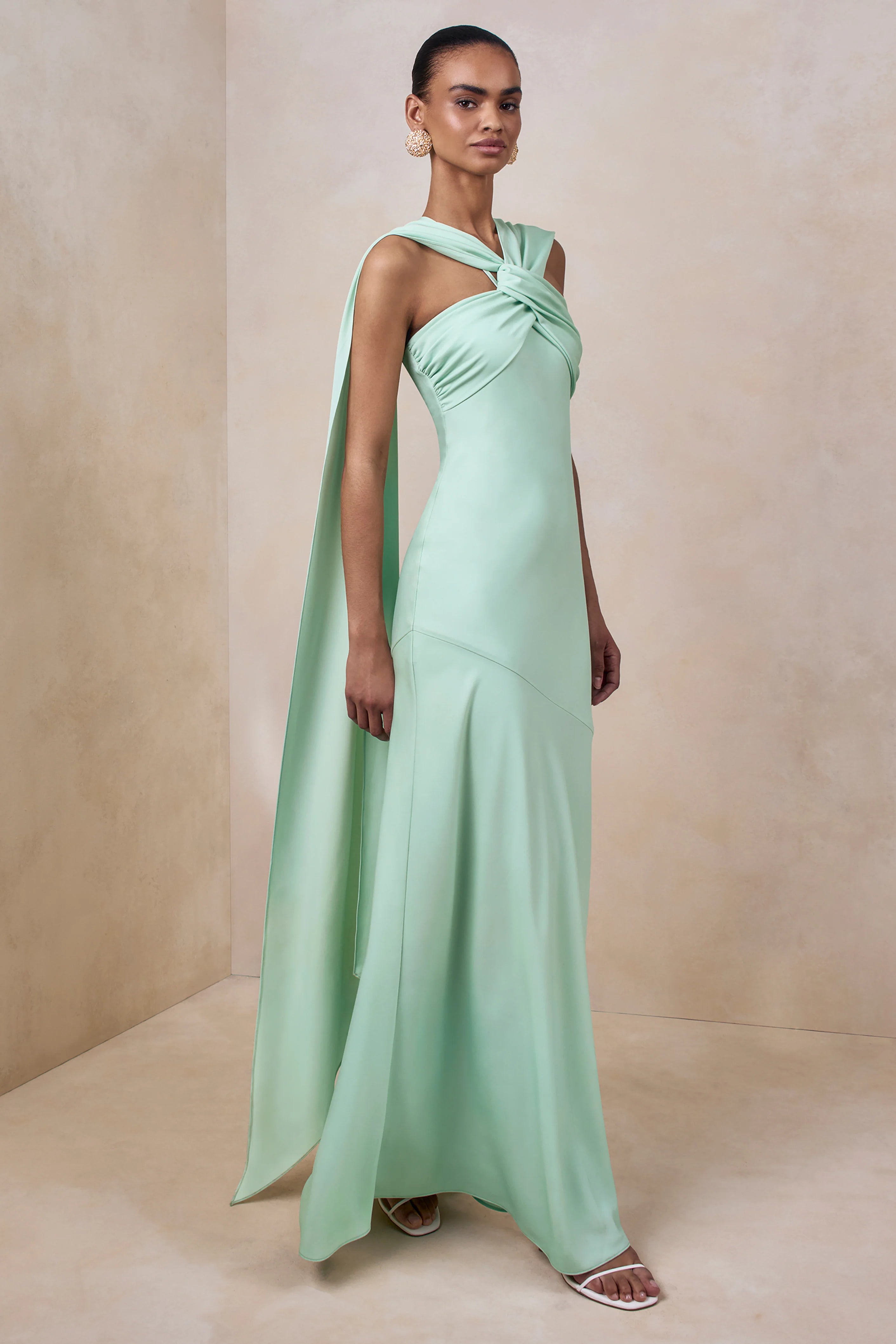 Sloane Mint Matte Satin Halter Neck Maxi Dress With Cape