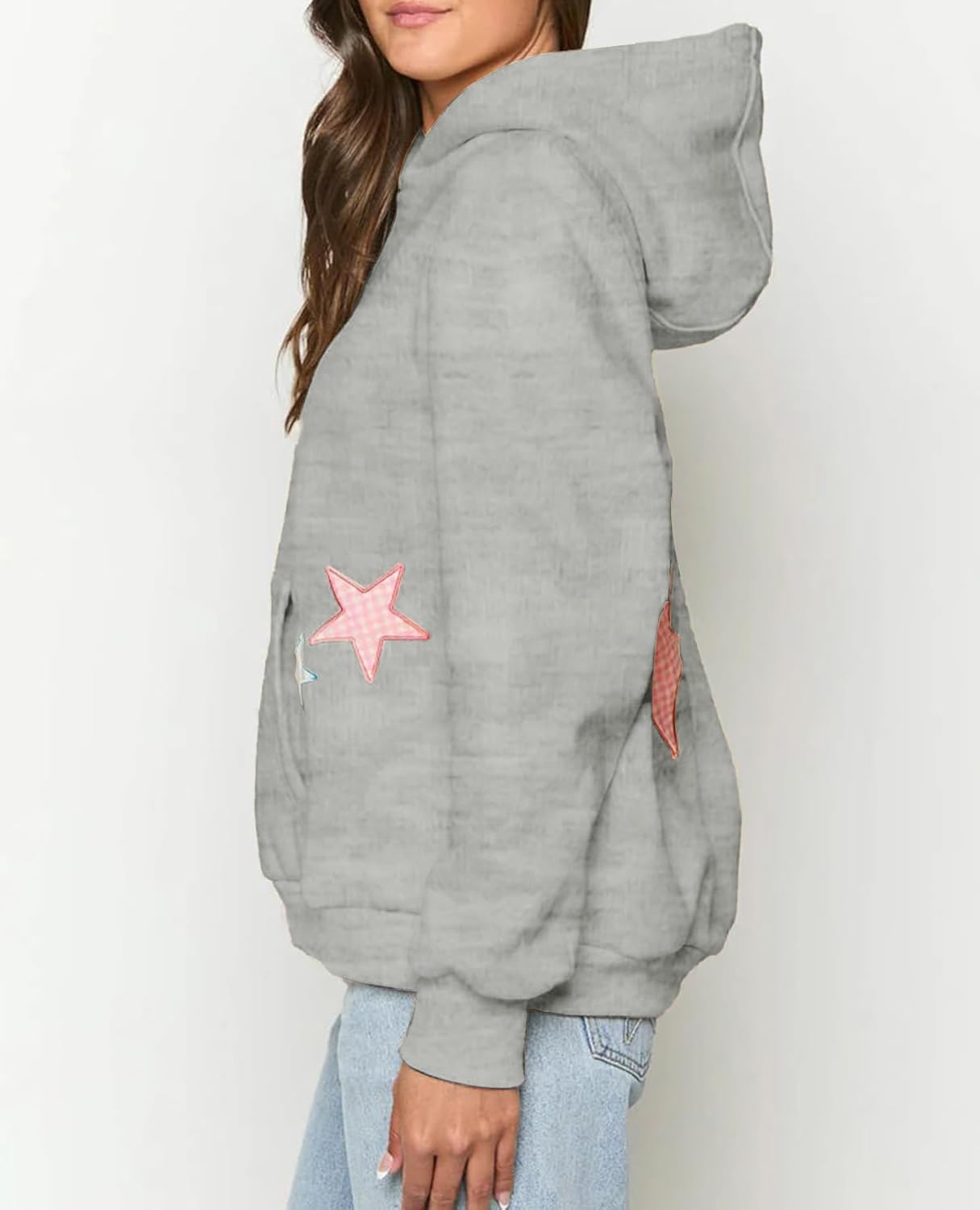 Women Cute Hoodies Oversized Y2k Star Patch Fleece Sweatshirt Pastel Hoodie for Teen Girls