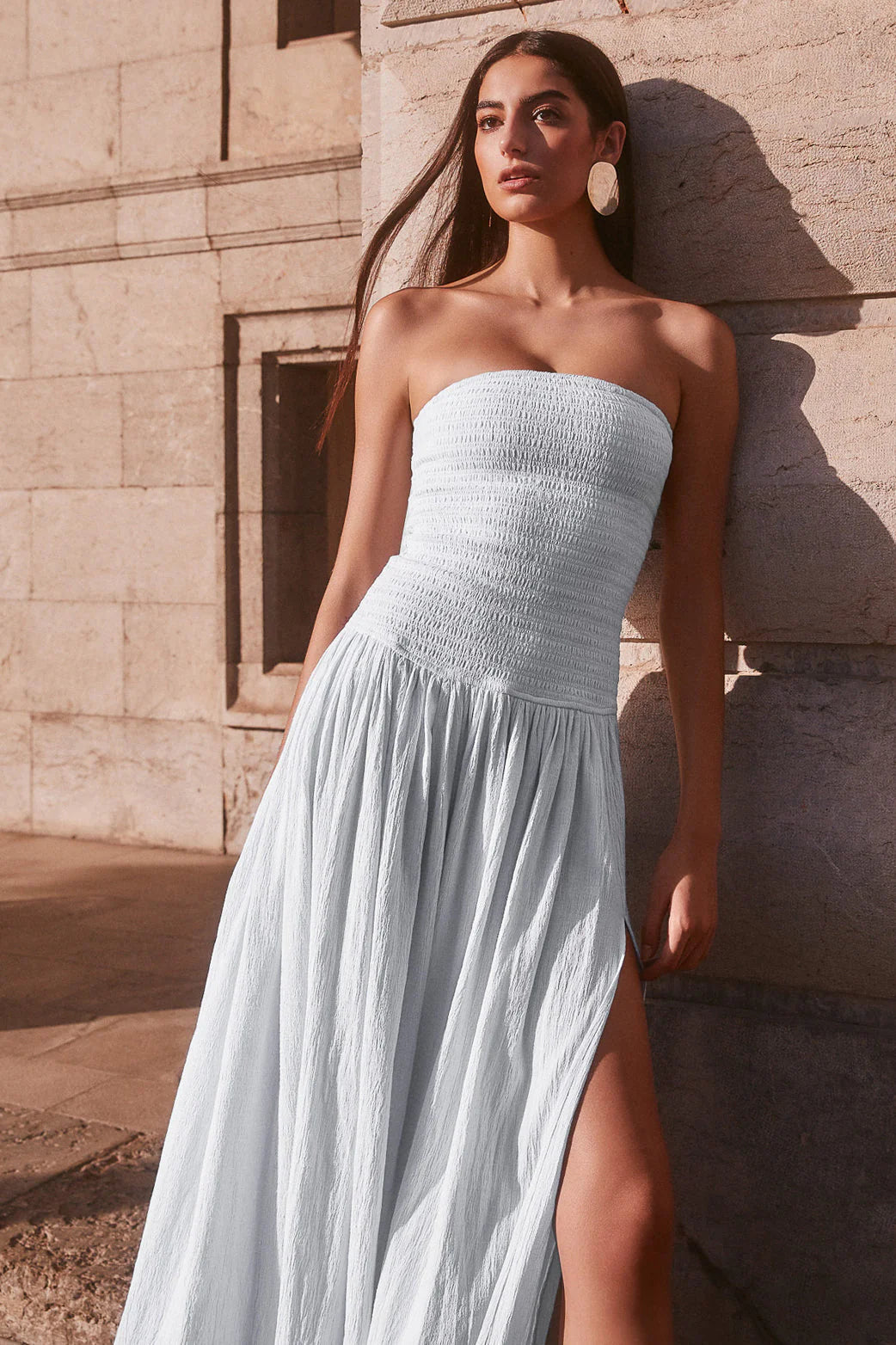 Maureen Cotton Shirring Maxi Dress Powder Blue
