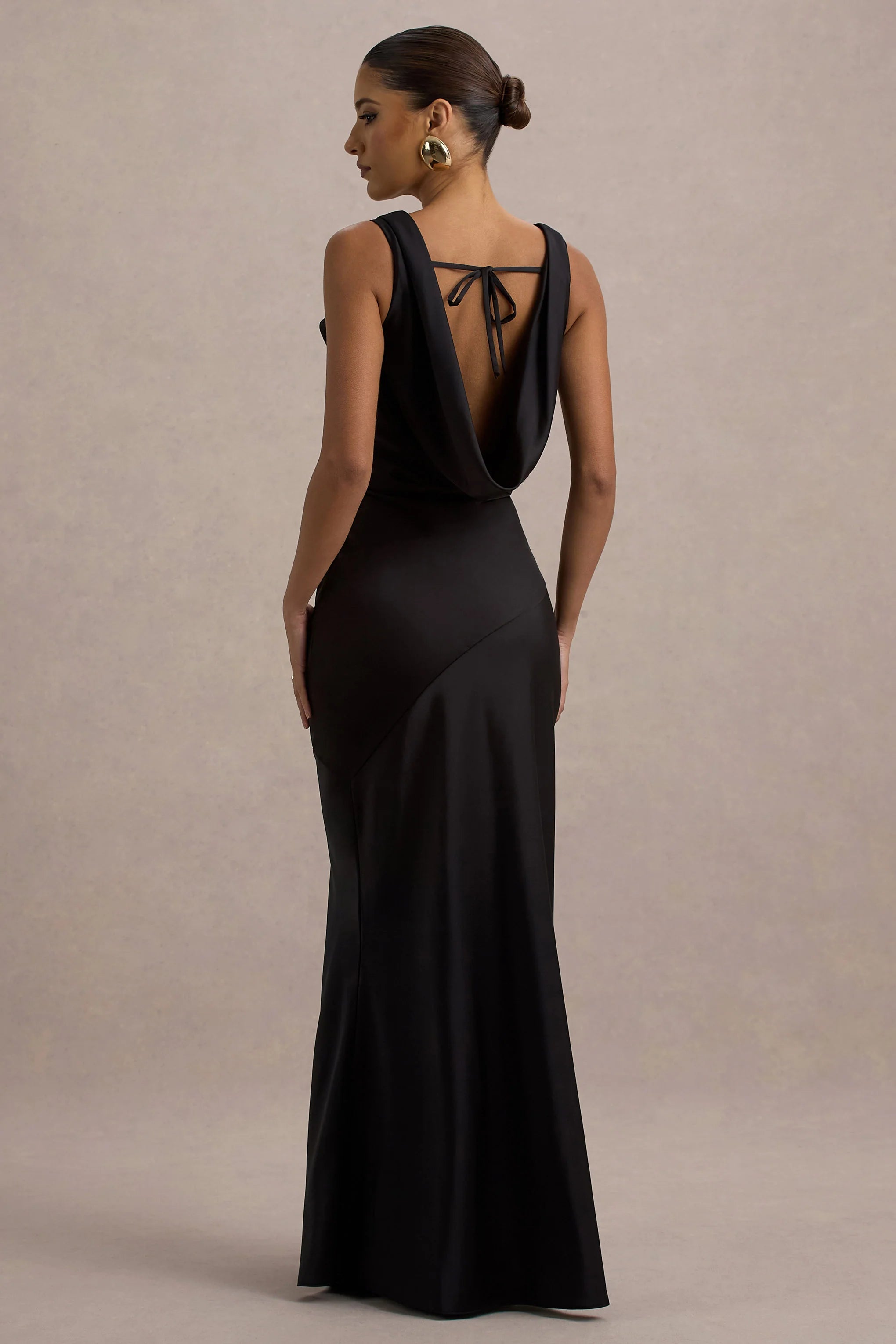 Alesso Black Satin Cowl Neck Slip Maxi Dress