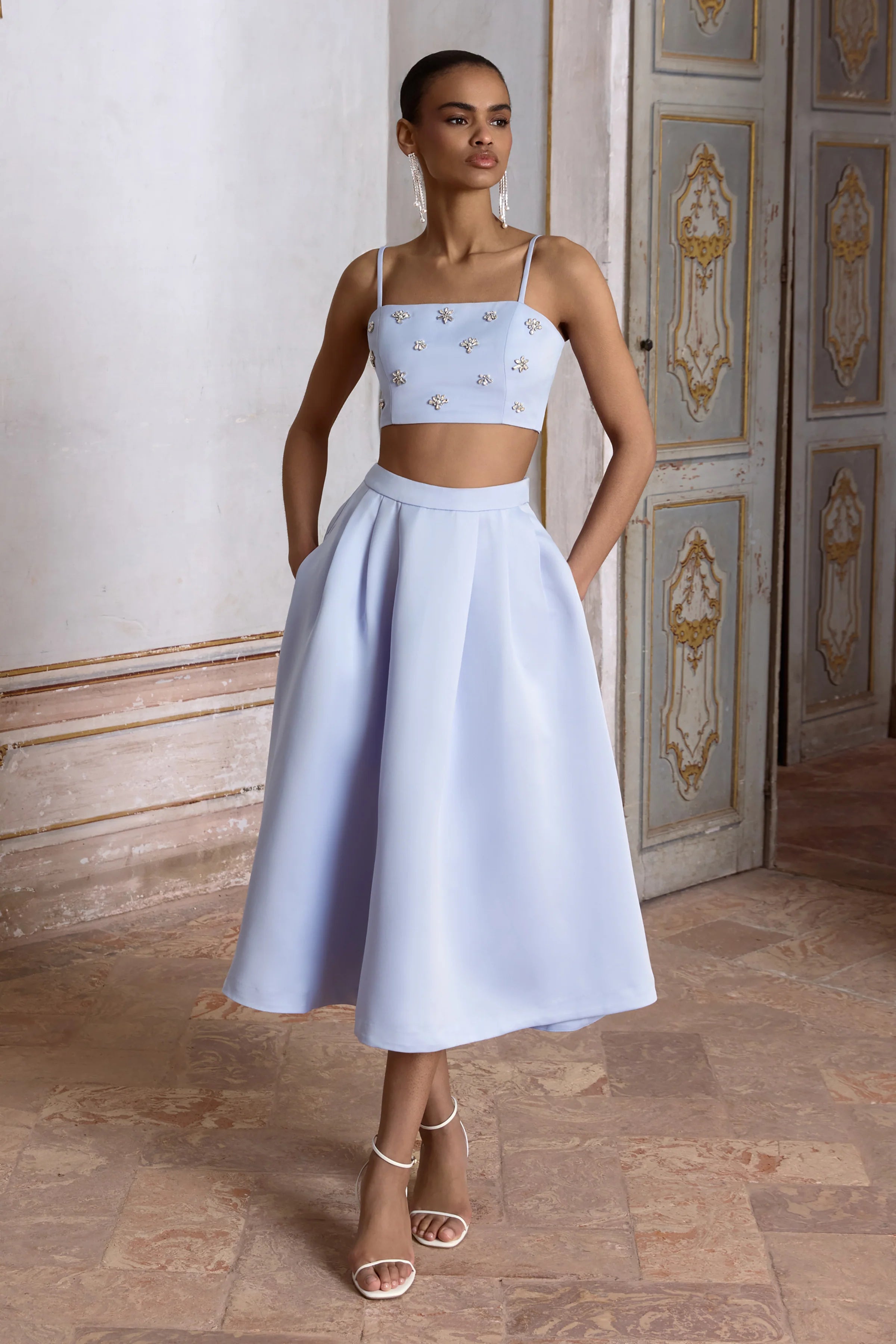 Iris Blue Satin Pleated Midi Skirt