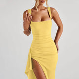 Women Formal Dresses Sleeveless Bodycon Ruched High Slit Sexy Maxi Dress Cocktail Prom