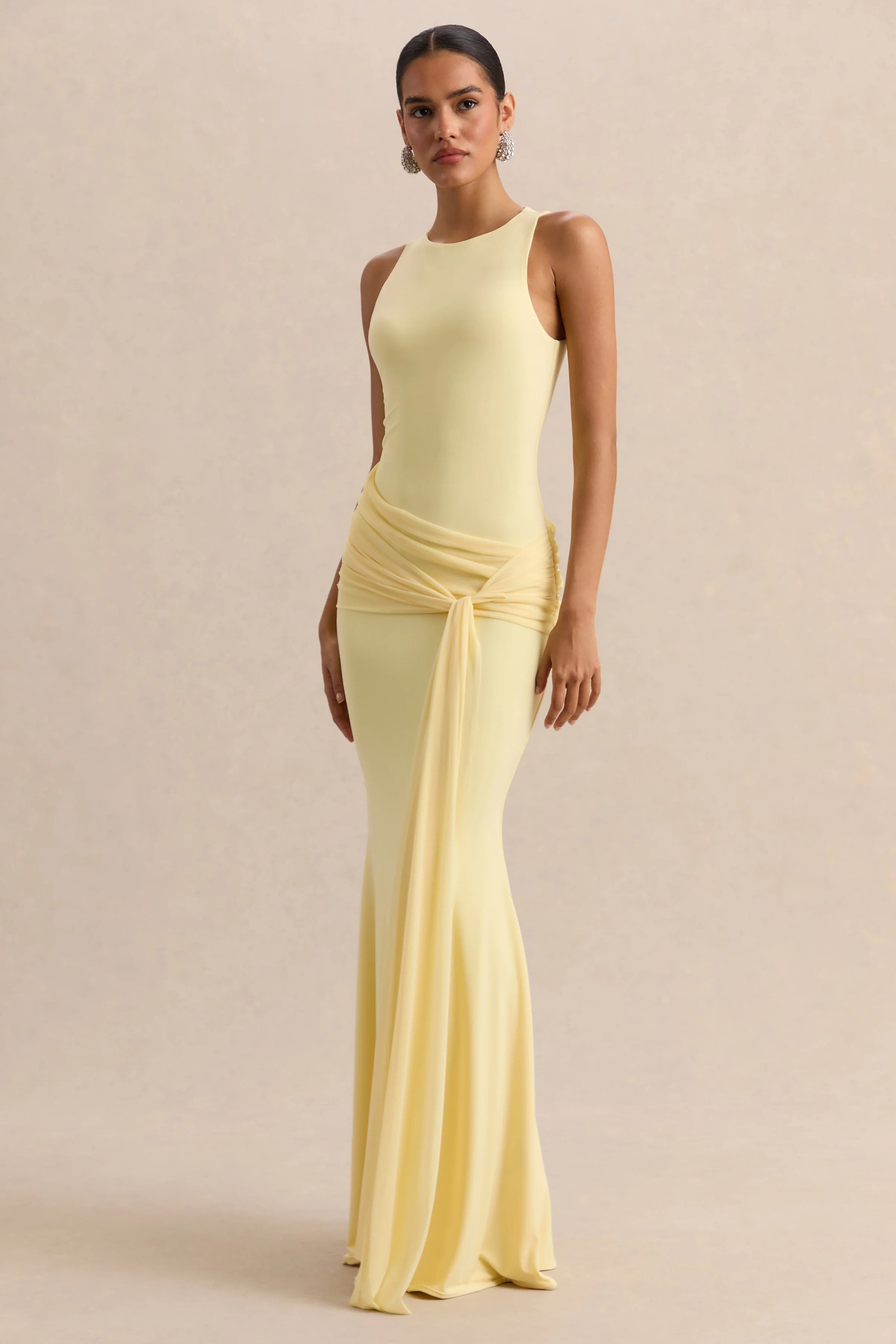 Mirene Lemon Round Neck Maxi Dress With Gathered Detailing And Sash