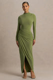 Zephyra Olive High Neck Wrapped Maxi Dress