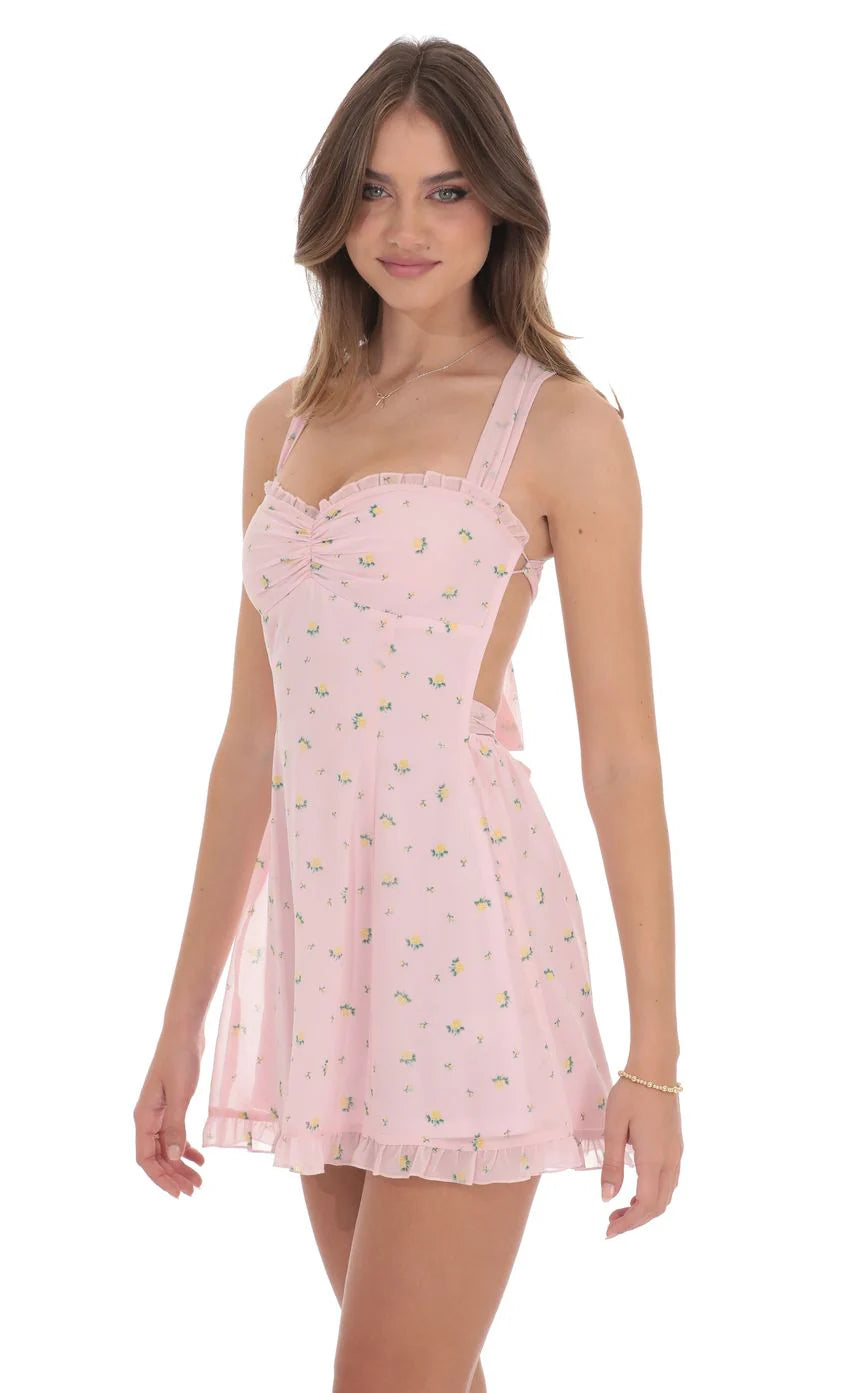 Floral Strappy Back Bows Dress in Pink