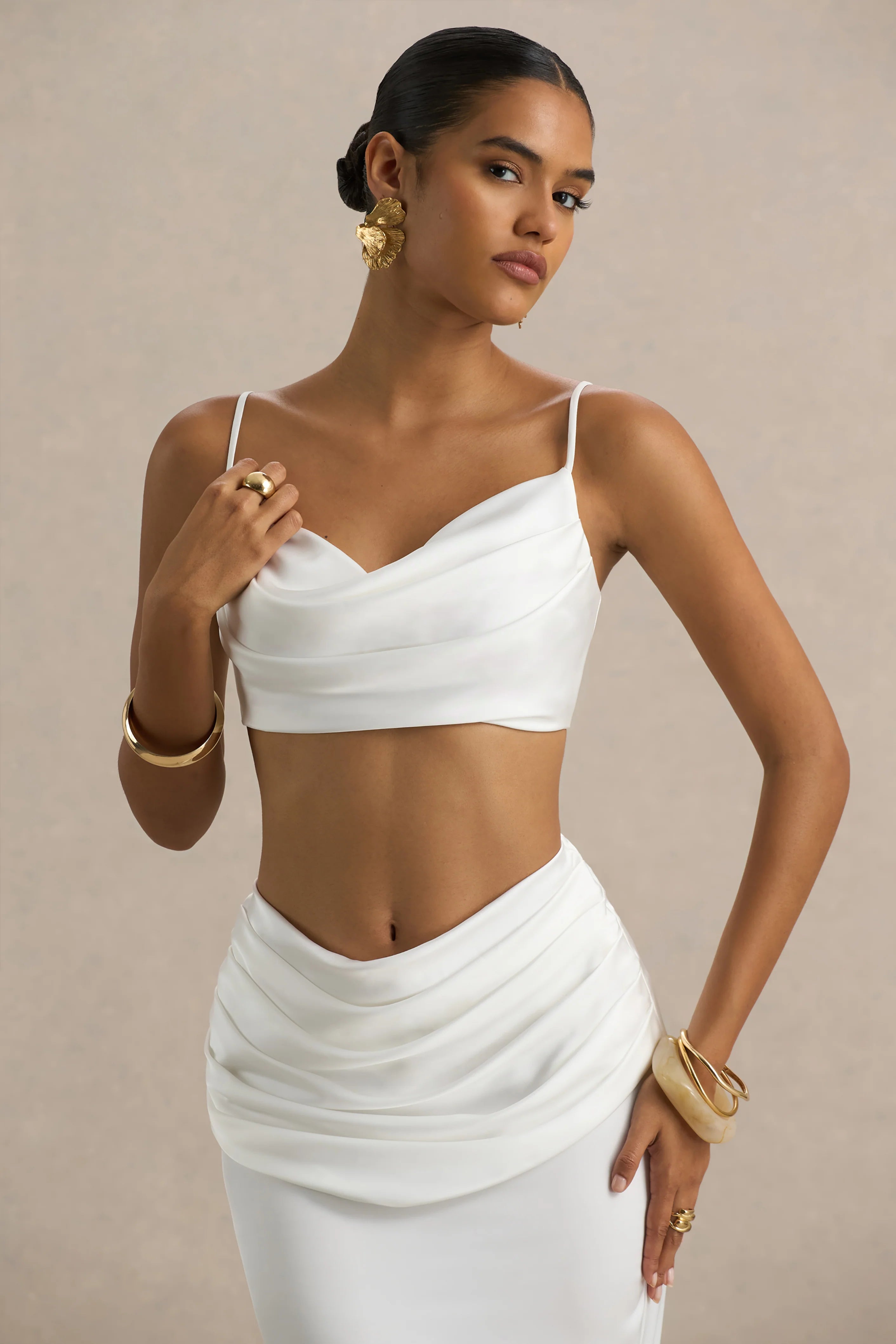 Una White Ruched Cowl Neck Crop Top