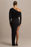 Olivia Black Asymmetric Neck Maxi Dress With Ruched Detailing And Asymmetric Hem