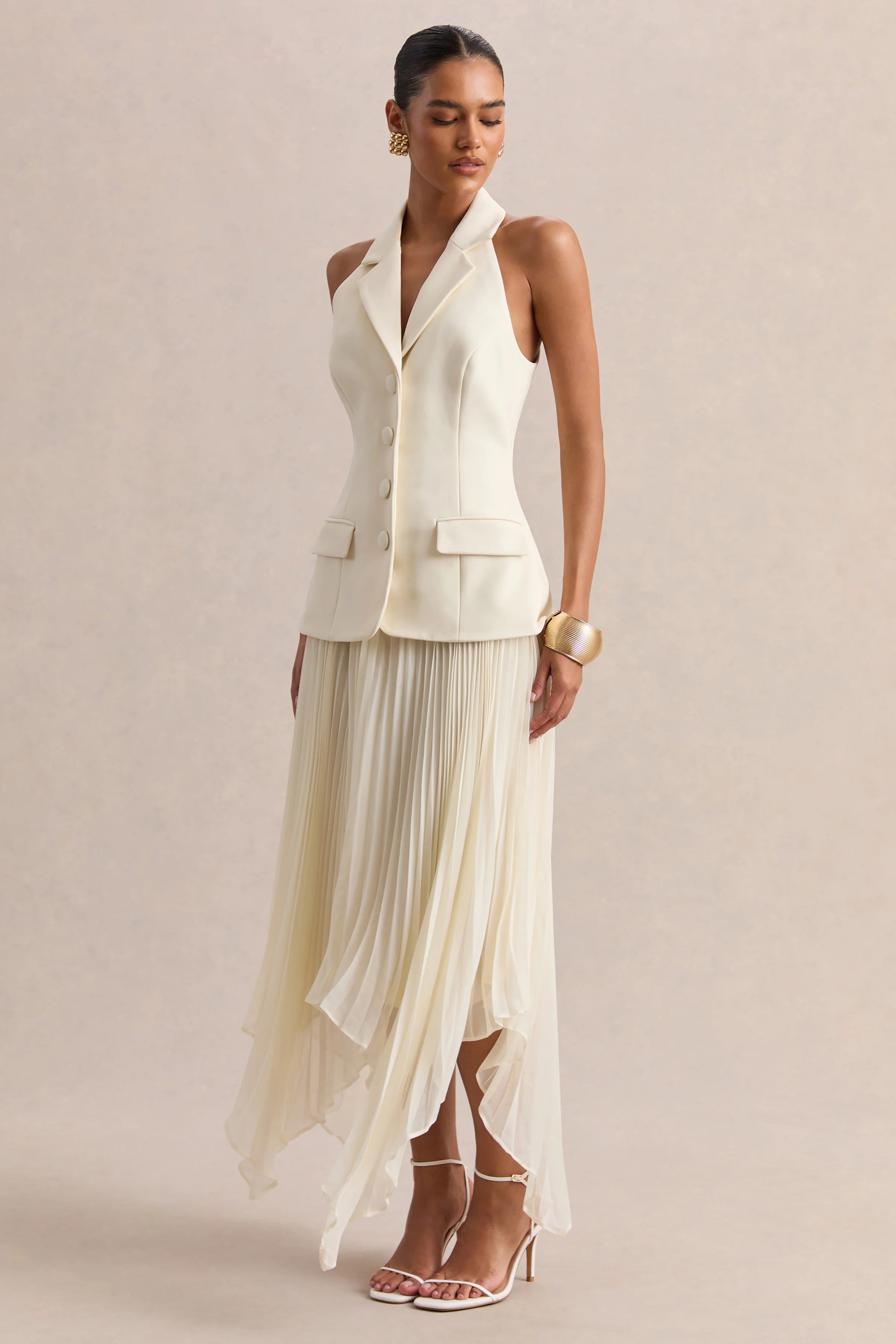 Marvelle Cream Plunge Neck Maxi Dress With Hanky Hem