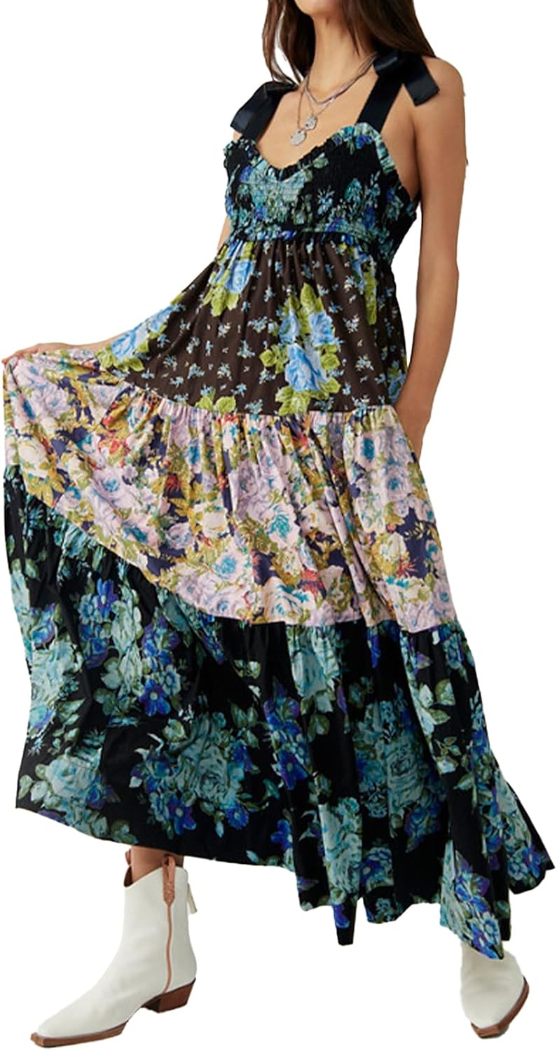 Women Floral Maxi Dress Tie Shoulder Patchwork Smocked Flowy Boho Dress with Pockets Summer Vacation Sundress