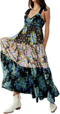 Women Floral Maxi Dress Tie Shoulder Patchwork Smocked Flowy Boho Dress with Pockets Summer Vacation Sundress