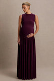 Outline Plum Crew Neck Maternity Maxi Dress With Pleated Skirt