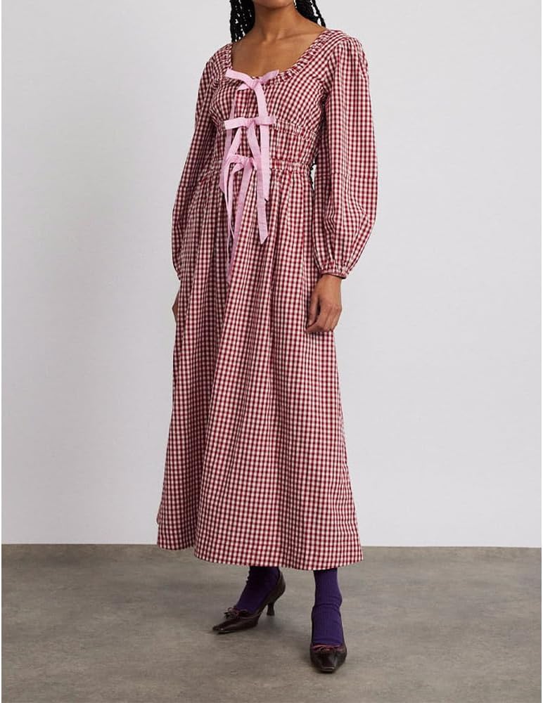 Women Plaid Maxi Dress Long Puff Sleeve Square Neck Flowy Boho Dress Bow Tie Smocked Fall Dresses