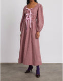 Women Plaid Maxi Dress Long Puff Sleeve Square Neck Flowy Boho Dress Bow Tie Smocked Fall Dresses